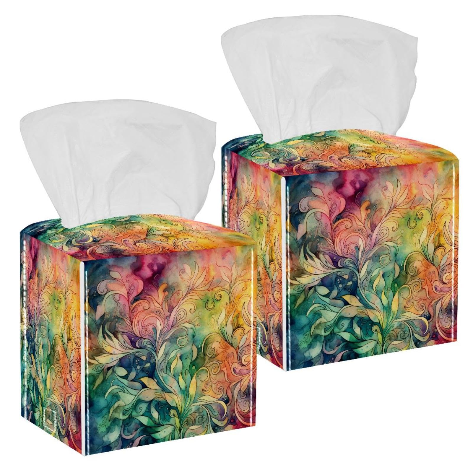 Artistic Swirls Tissue Box Cover, 2 Pack PU Leather Square Facial Tissue Dispenser Box holder for Home Office Car