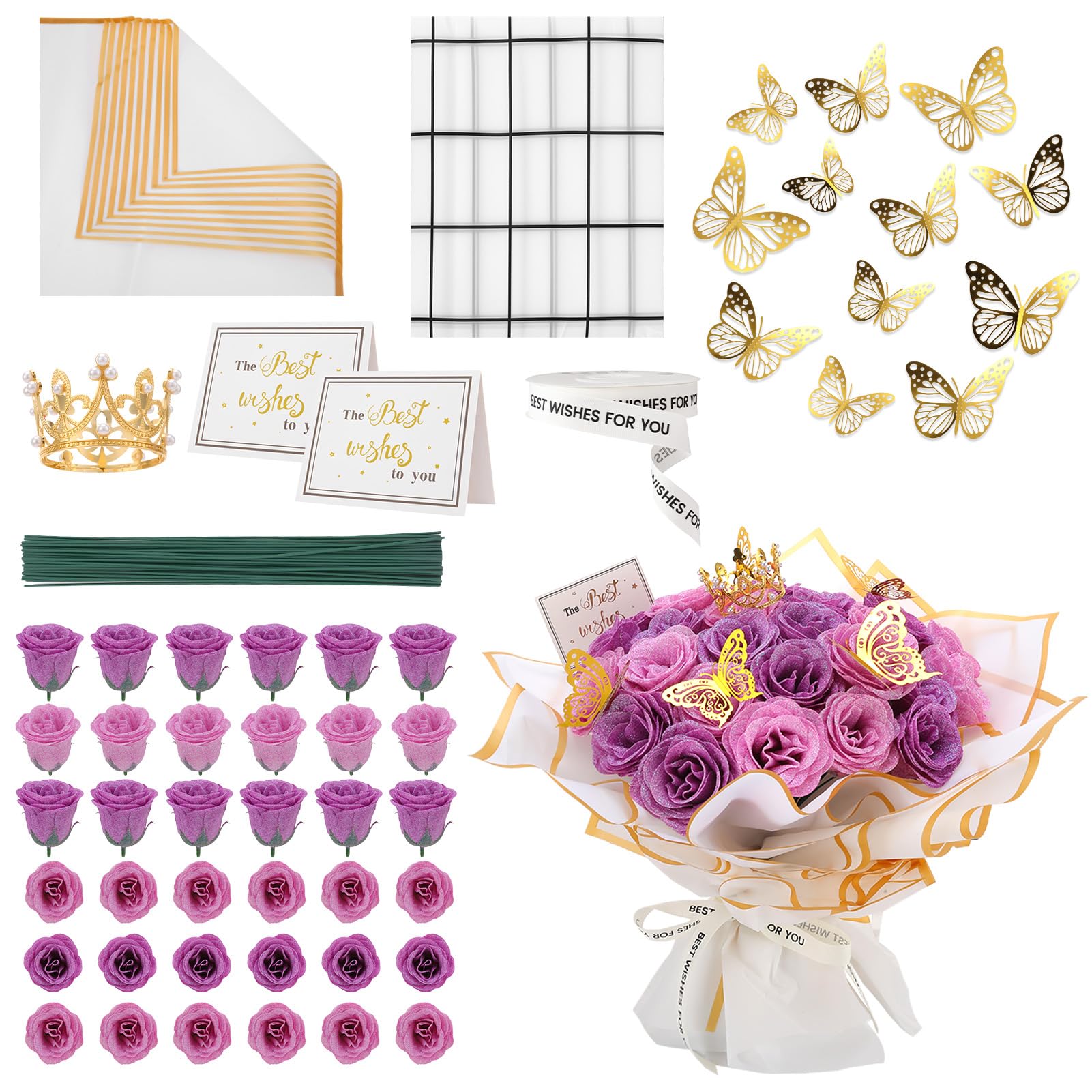 36 PCS Glitter Roses Bouquet Kit, Purple Sparkling Flower Arrangement with Stems, Butterflies, Crown, Wrapping Paper, Card, Ribbon for Wedding, Graduate, Birthday, DIY Crafts