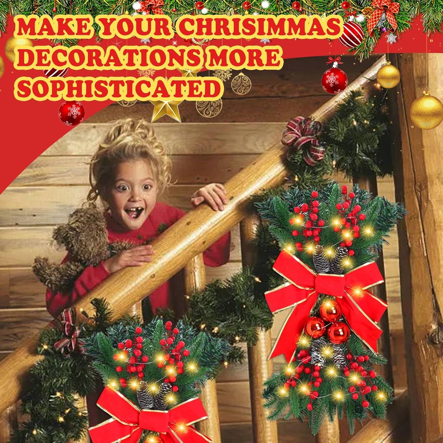 3 Pack Christmas Swags and Garlands, 24inch The Cordless Prelit Artificial Christmas Teardrop Swag for Staircase and Front Door Decorating, Hanging Lighted Wreath Indoor Outdoor Christmas Swags