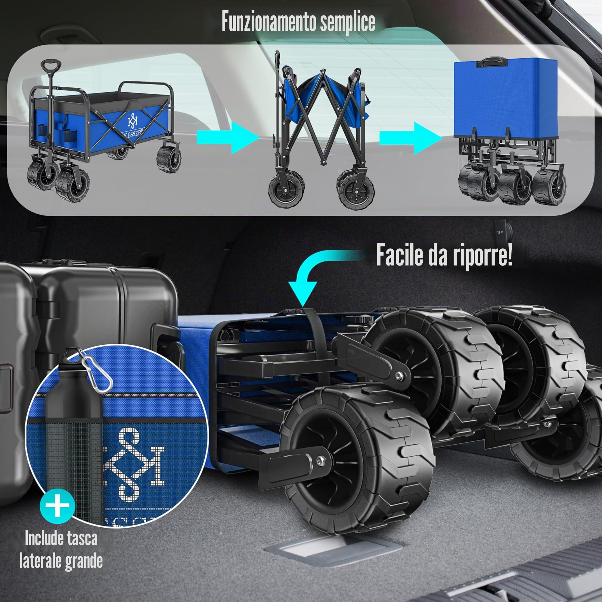 KESSER® Carrello pieghevole resistente fino a 150kg con ruote in gomma piena larga | Carrello trasportatore | Carrello per attrezzi con 2 tasche in rete e tasca laterale | Carrello da trasporto per