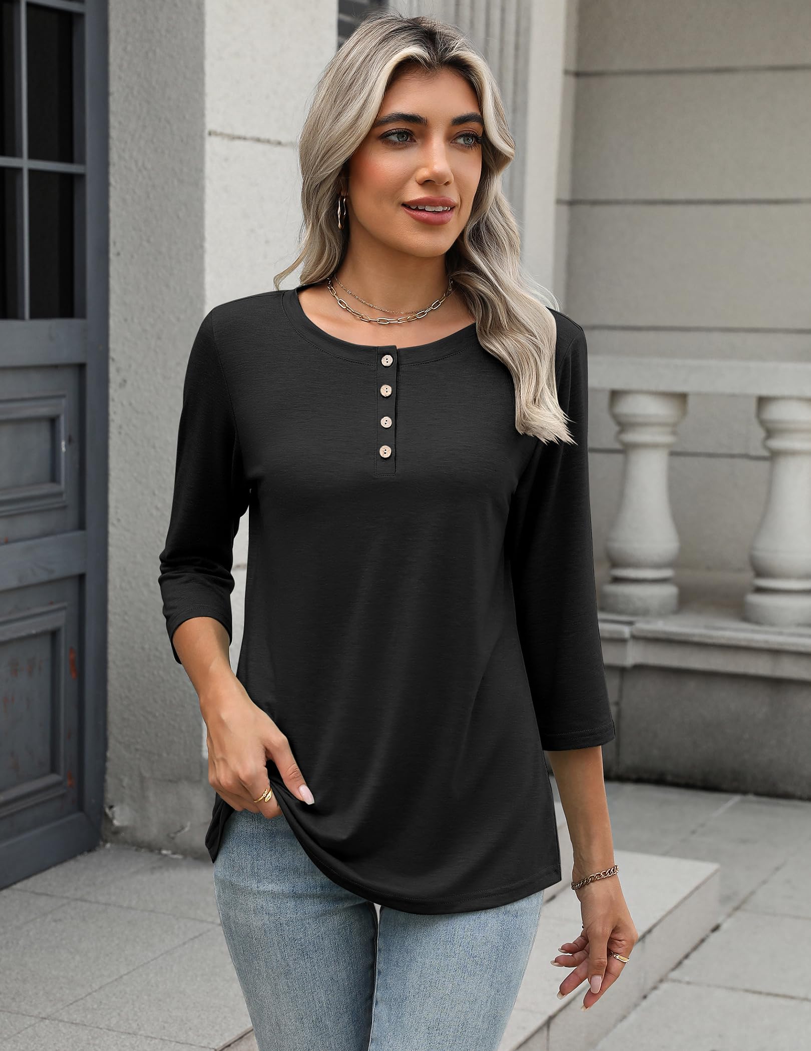 Zeagoo Womens Tops 3/4 Length Sleeve T Shirts Dressy Casual Button Down Blouses Spring Fall Clothes