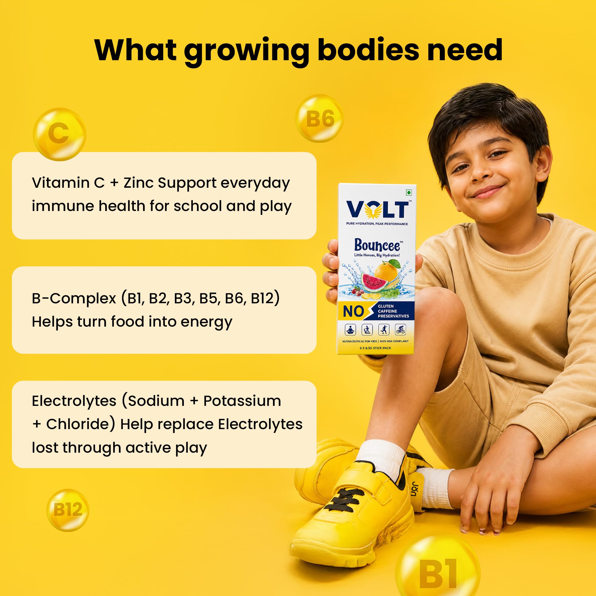 Volt Bouncee Kids Electrolyte Drink Mix | Kids Electrolyte Powder with Vitamins | Supports Hydration & Recovery | No Added Sweetener, No Preservatives | Kid‑Friendly Fruit Flavours | 8.5 g x 6 Sachets — Amazon image 5