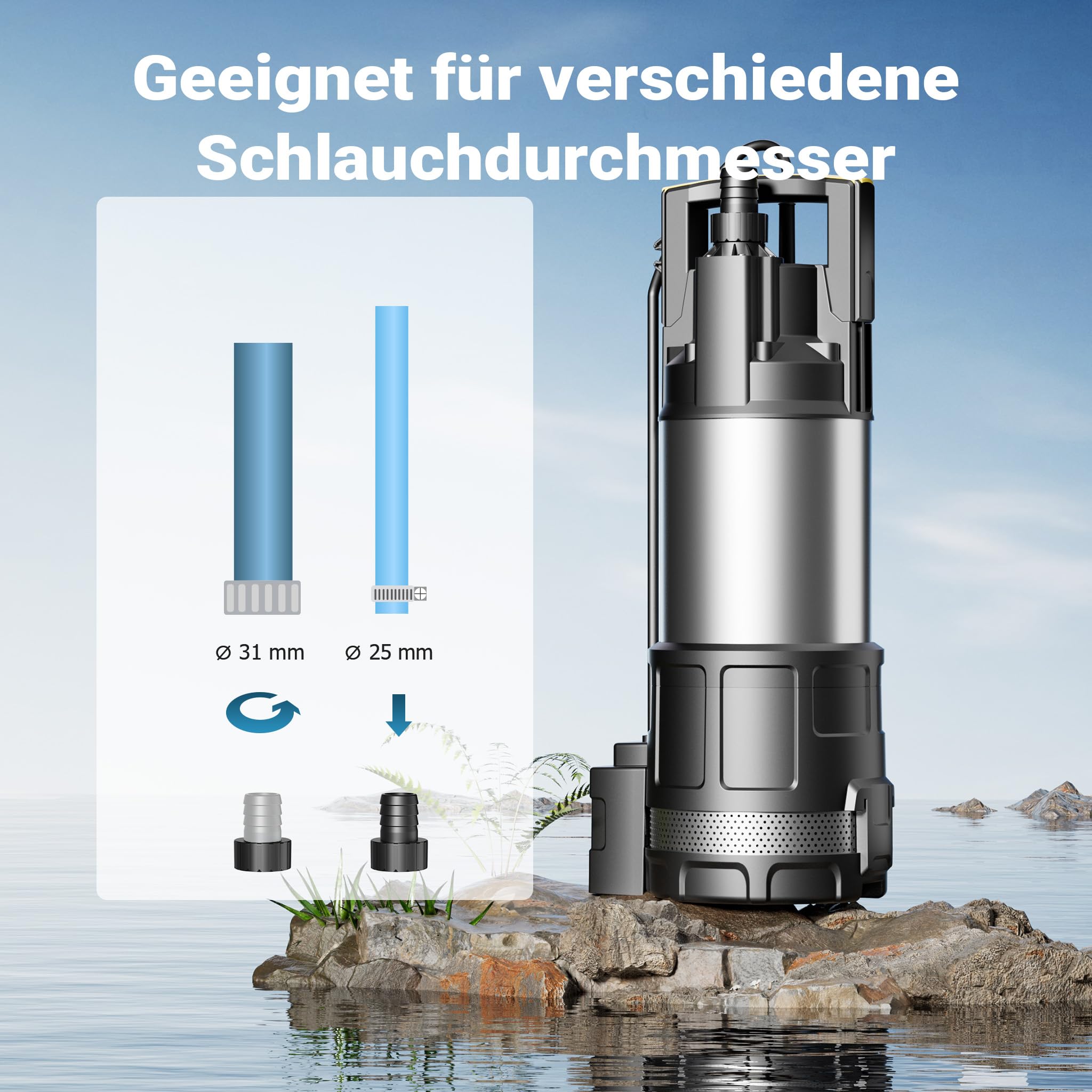 Wiltec Tauchpumpe mit Trockenlaufschutz und Schwimmerschalter 1200 W, Tiefbrunnenpumpe 6000 l/h, Wasserpumpe mit Schwimmer bis 7 m Tiefe & 40 m Förderhöhe