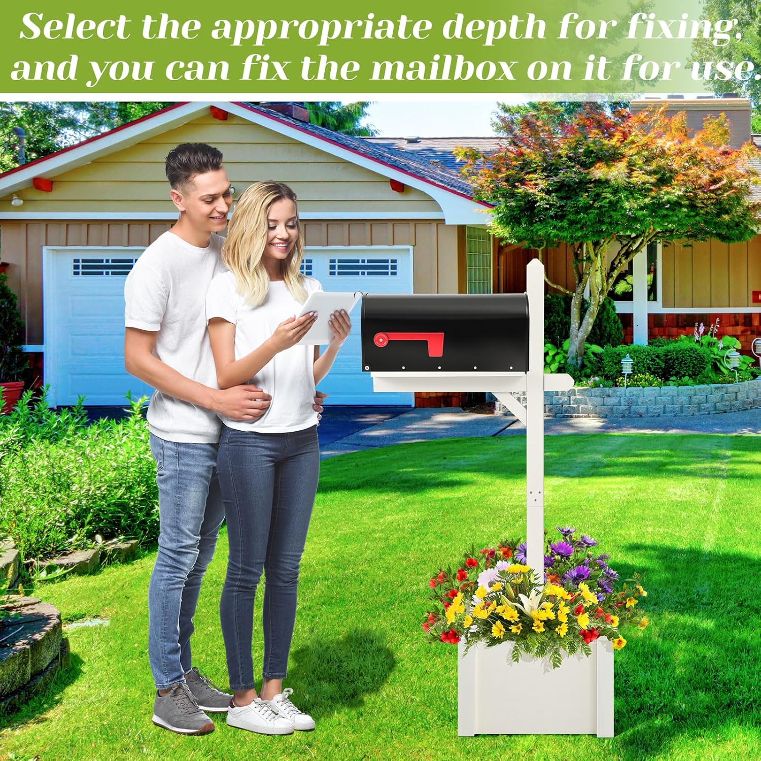 55 Inch/4.58 ft H Wooden Mailbox Post with Planter Box for Outside Decorative Post Flower Box(Not Included Mailbox)(White)