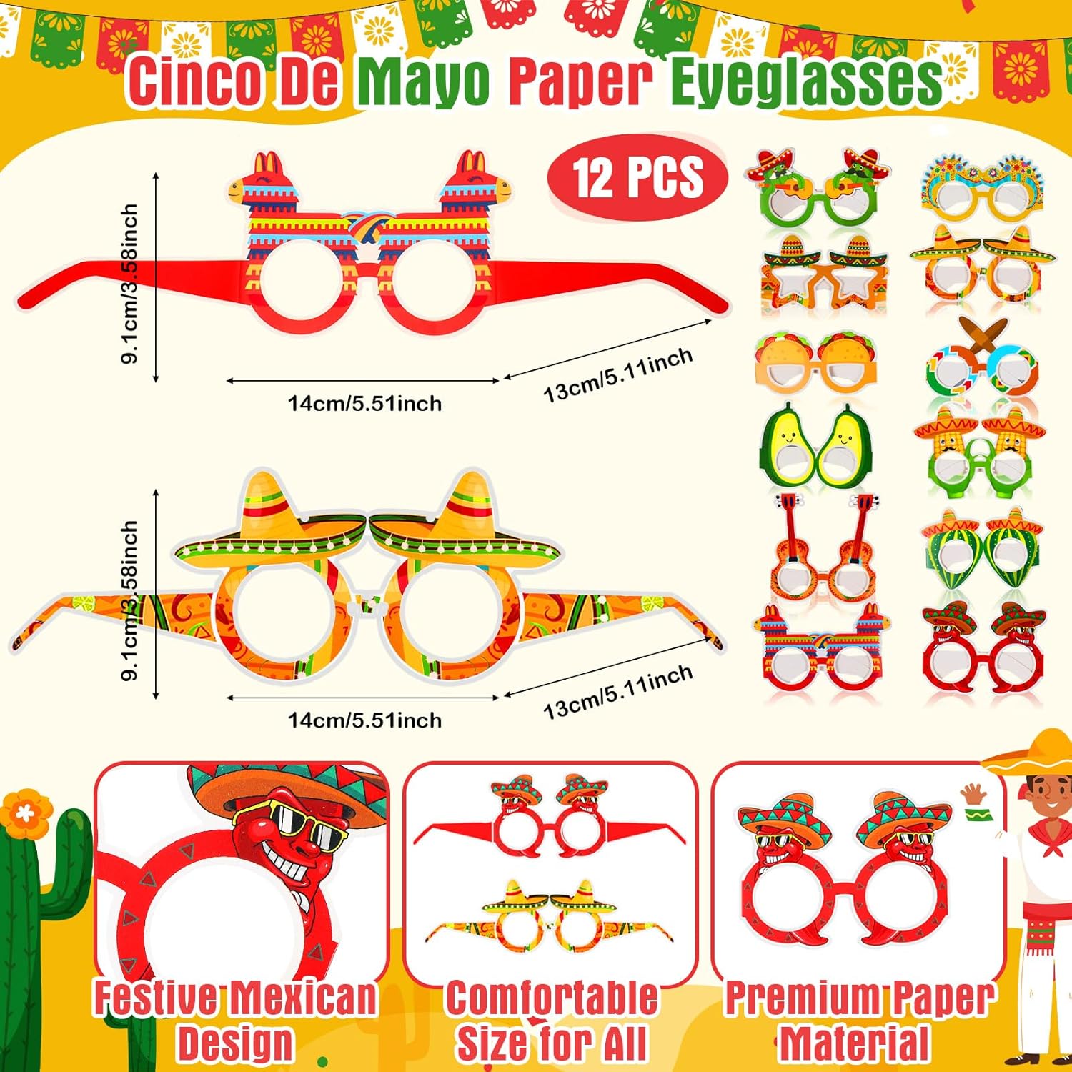 36 Pcs Cinco De Mayo Party Favors Set, Sombrero Headbands Hats Mexican Paper Eyeglasses Bead Necklaces Fiesta Theme Party Supplies for Birthday, Luau & Photo Props (Style 1)