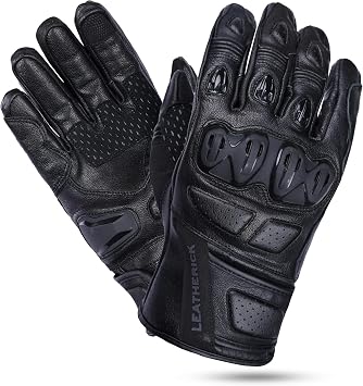 Leatherick CE Certified Black Genuine Mens Leather Gloves - Full Grain Motorcycle Gloves with Protective Knuckles,TPR Slider & Touch Screen Compatibility