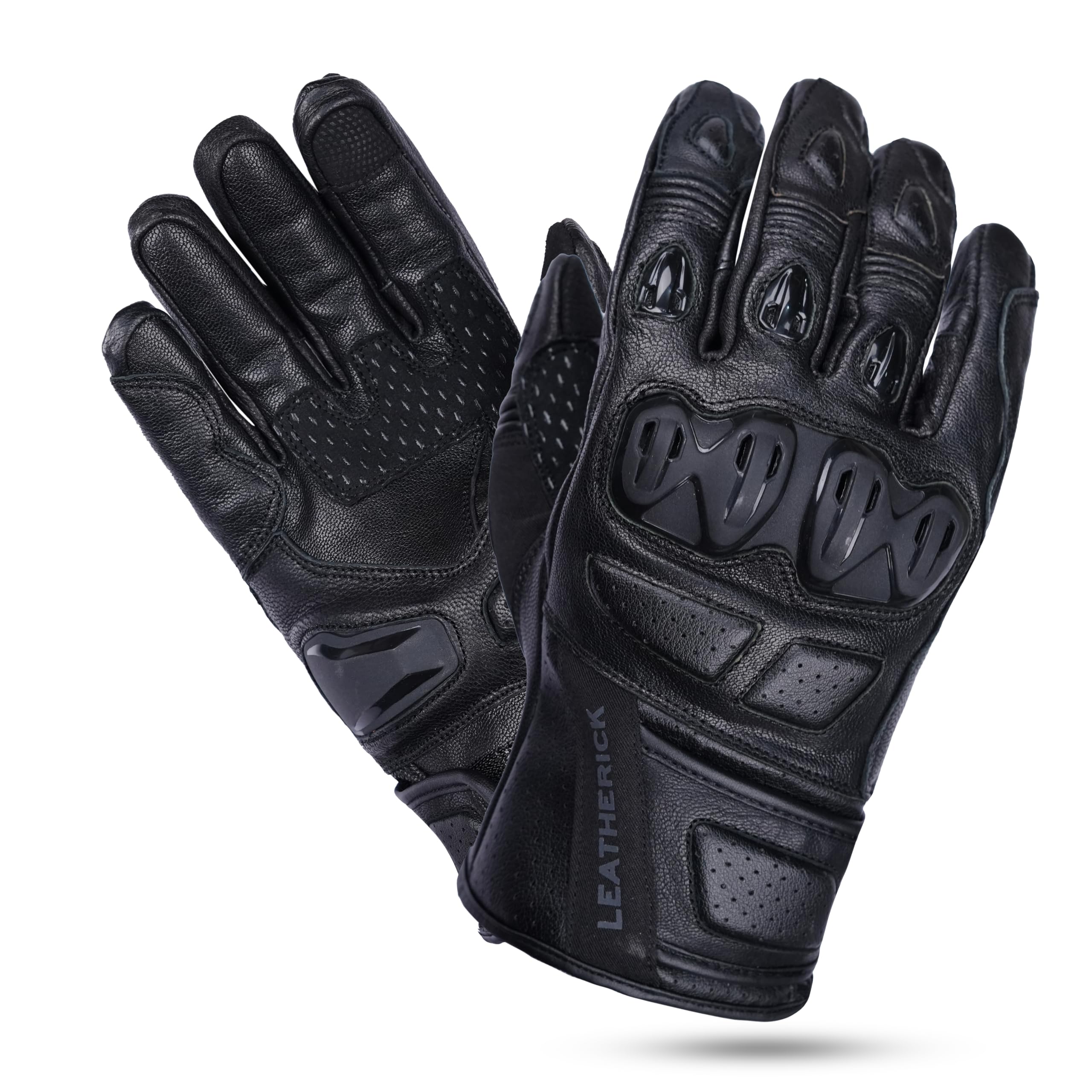 Leatherick Guanti Moto da Uomo Neri in Vera Pelle Certificati CE con Nocche Protettive, Palmo Imbottito con Slider in TPR e Compatibilità Touchscreen