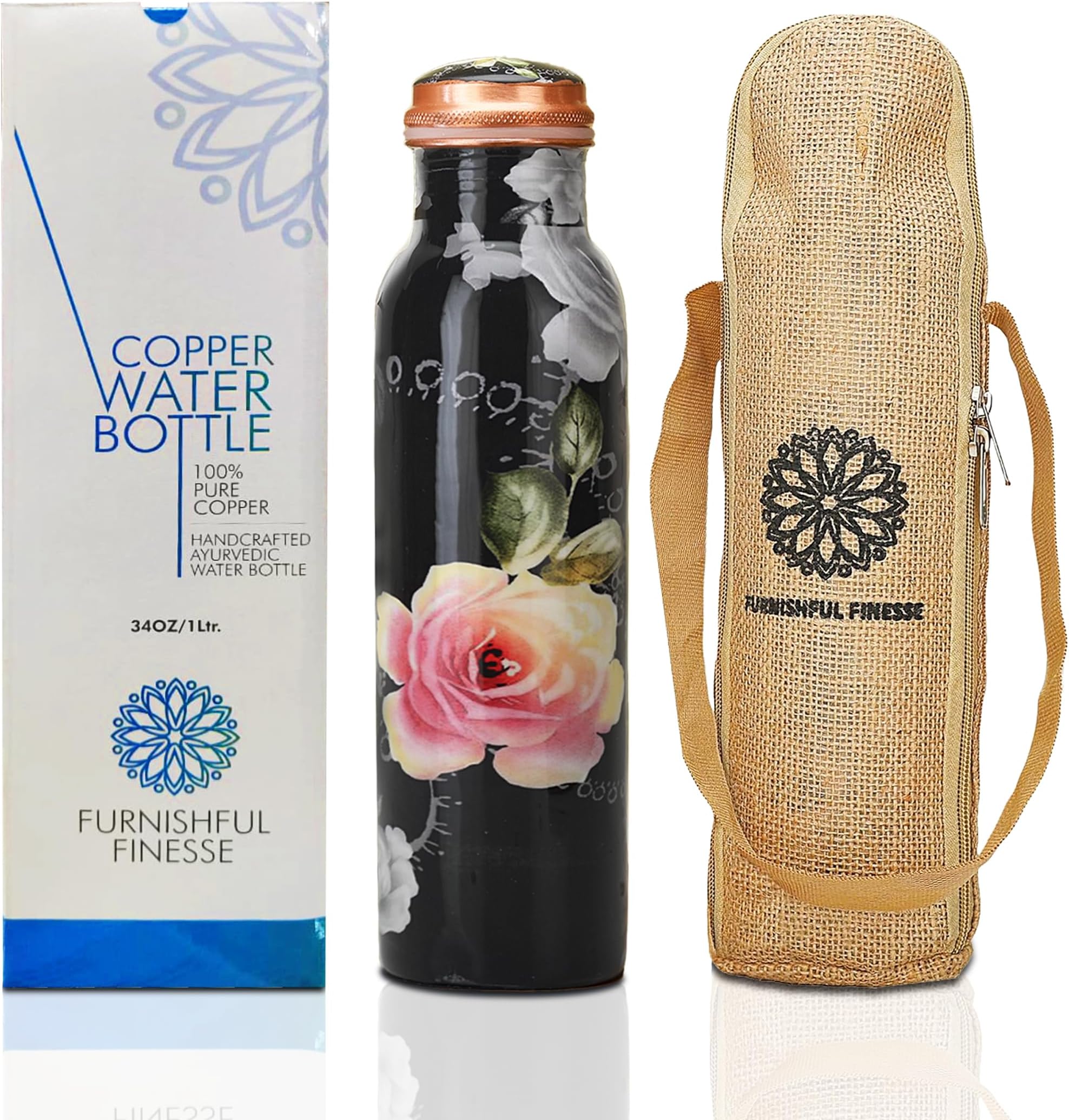 Copper Water Bottle For Drinking Ayurvedic Bottles 1000 ml Pure Copper Vessel With Carrying Bag For Sports, Yoga, Gym,Office,Hiking - Pack of 1, Black
