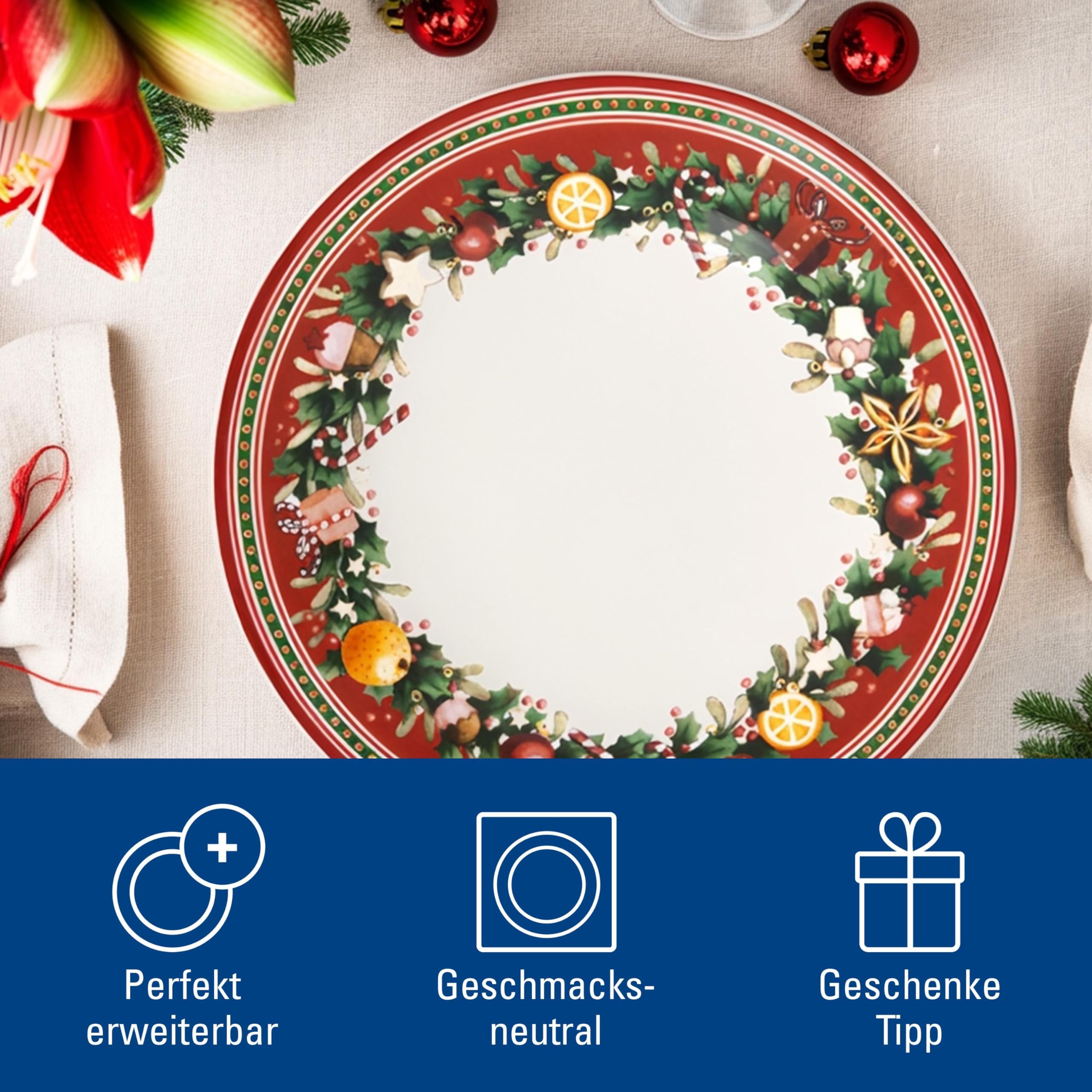 Villeroy & Boch - Winter Bakery Delight Speiseteller 27,5 cm Rot, Spülmaschinenfest, Mikrowellensicher, Weihnachtsgeschirr, Teller zum Servieren von Hauptgerichten, Weihnachten, Premium Porzellan