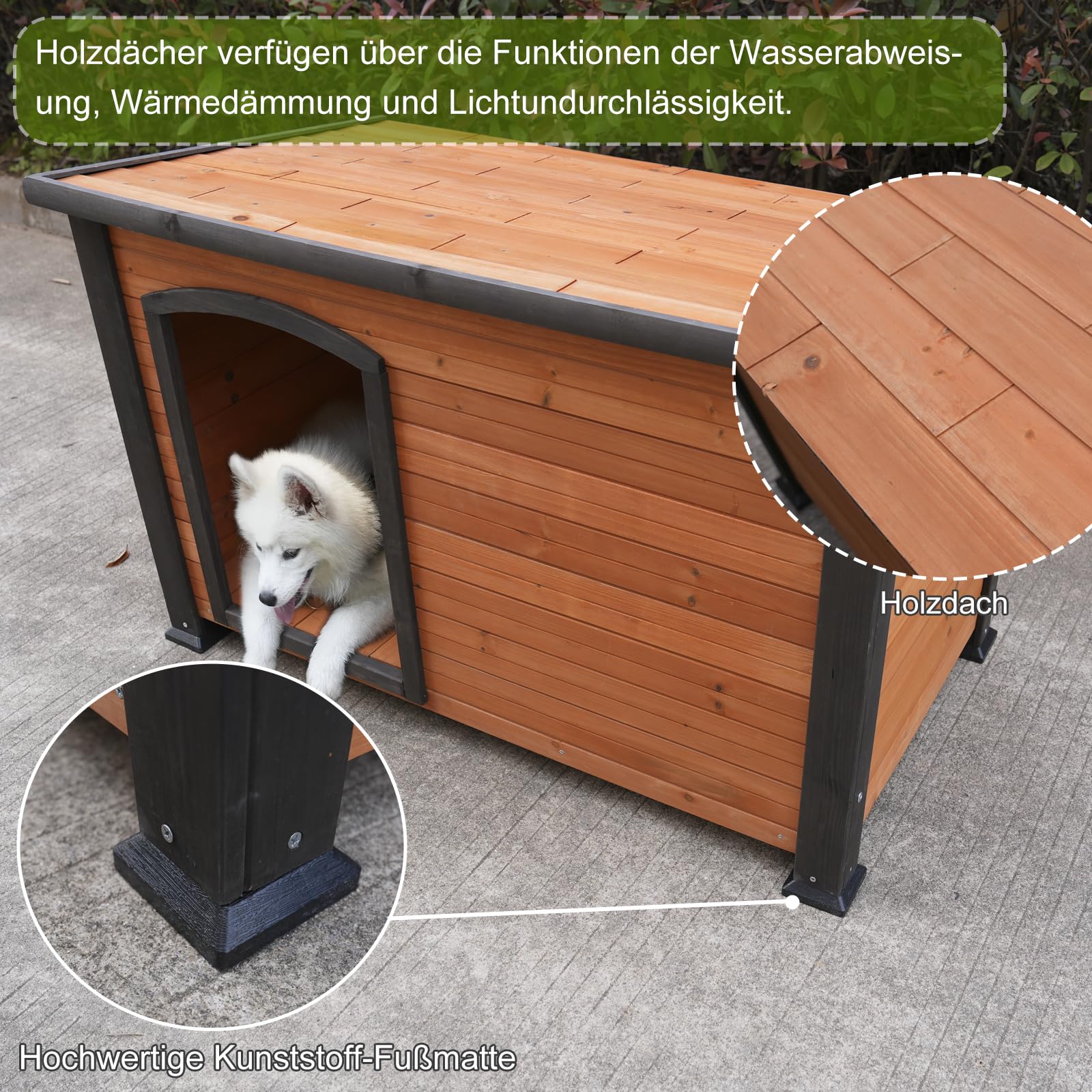 Wetterfeste Hundehütte aus Holz, Outdoor Hundehaus mit Grauer Umrandung, Naturholz Design