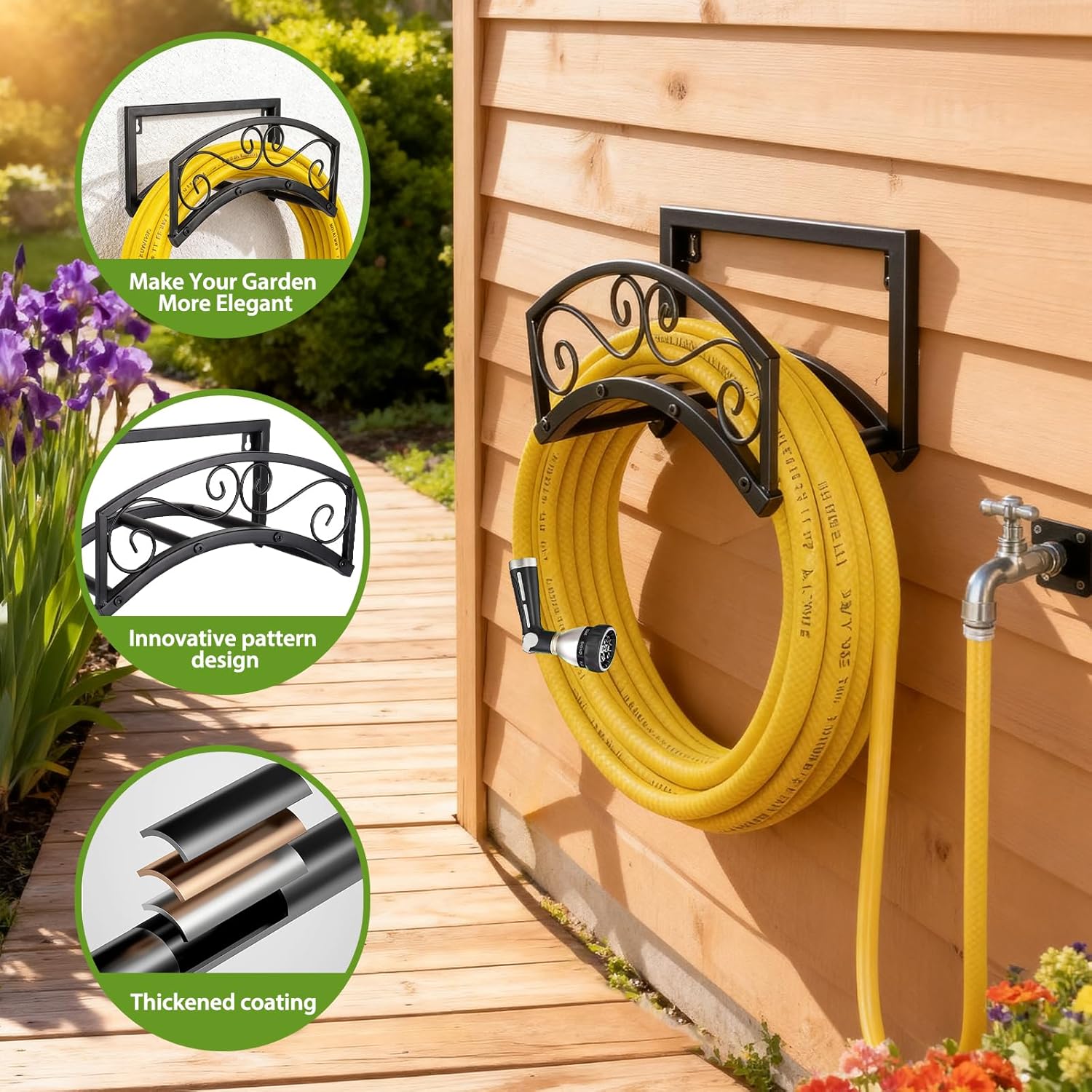 BOLITE Garden Hose Holder Wall Mount, Heavy Duty Metal Water Hose Holder for Outside, Hose Storage Holds 150FT Water Pipe for Yard, Lawn, Garden, Farm, Gifts for Women Men