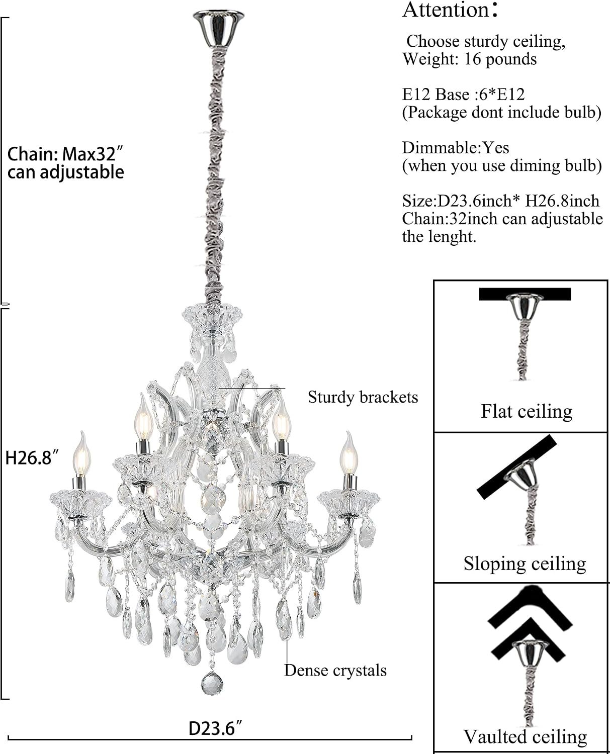 Modern Transparent Crystal Chandelier Light Fixture 6-Light，Luxurious Crystal Chandeliers Lighting for Living Room, Kitchen Island, Dinning Room, Bedroom (6 Lights)