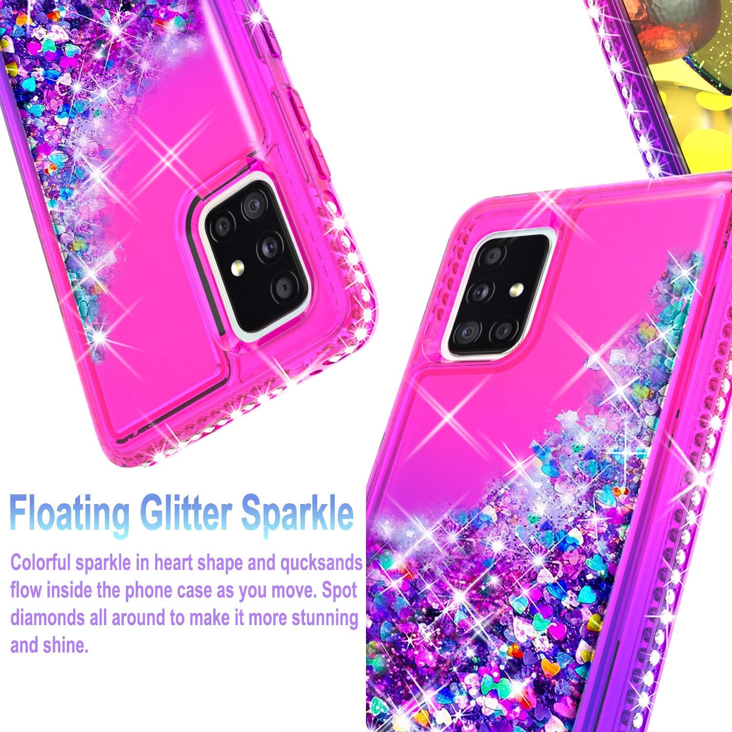 Galaxy A71 5G Case, Samsung Galaxy A71 5G Case, with [Tempered Glass Screen Protector Included] STARSHOP Liquid Bling Sparkle Floating Glitter Quicksand Phone Cover Girls Women Cute - Pink/Purple