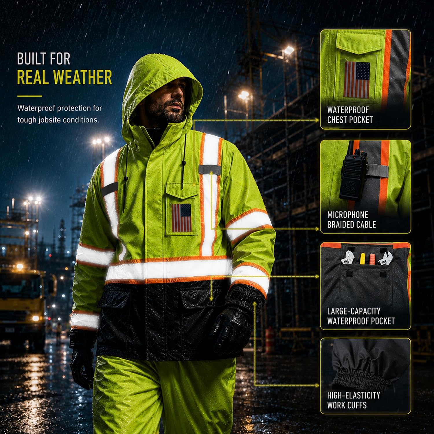 Hi Vis Rain Suits for Men Waterproof Heavy Duty High Visibility Rain Gear Class 3 Reflective Rain Jacket and Pants for Construction Workers, Yellow with Black Bottom L/XL