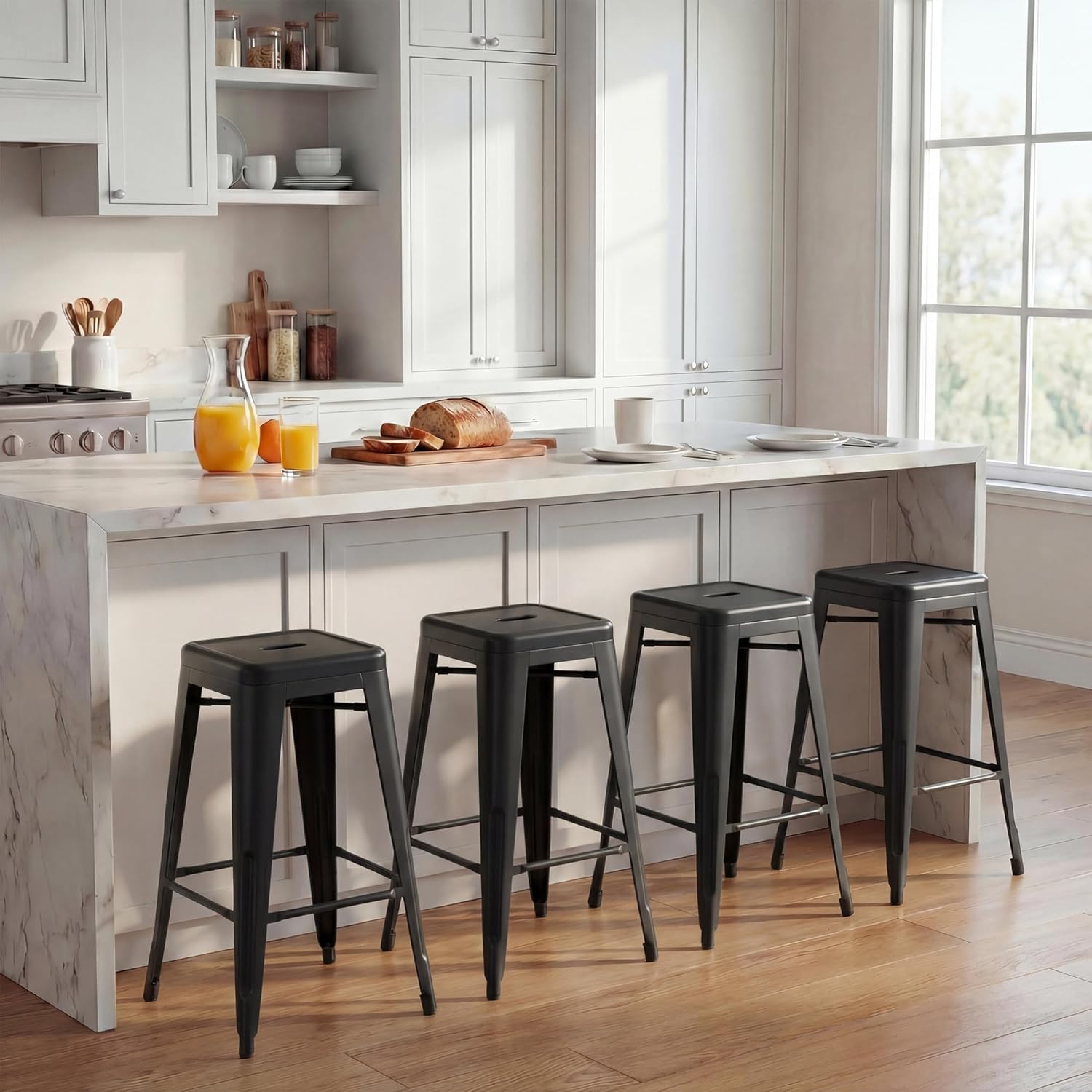 Shahoo 24 Inches Metal Bar Stools Counter Height Stackable Backless Stools, Industrial Patio Stools Indoor Outdoor Metal Kitchen Stools Set of 4 (Black, 24'')