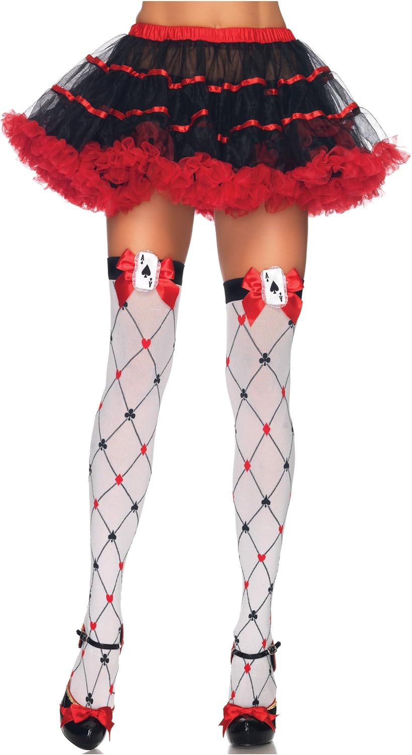 Leg Avenue Women's Woven Diamond Card Suit Thighs Highs, White/Red/Black, One Size : Leg Avenue: Clothing, Shoes & Jewelry
