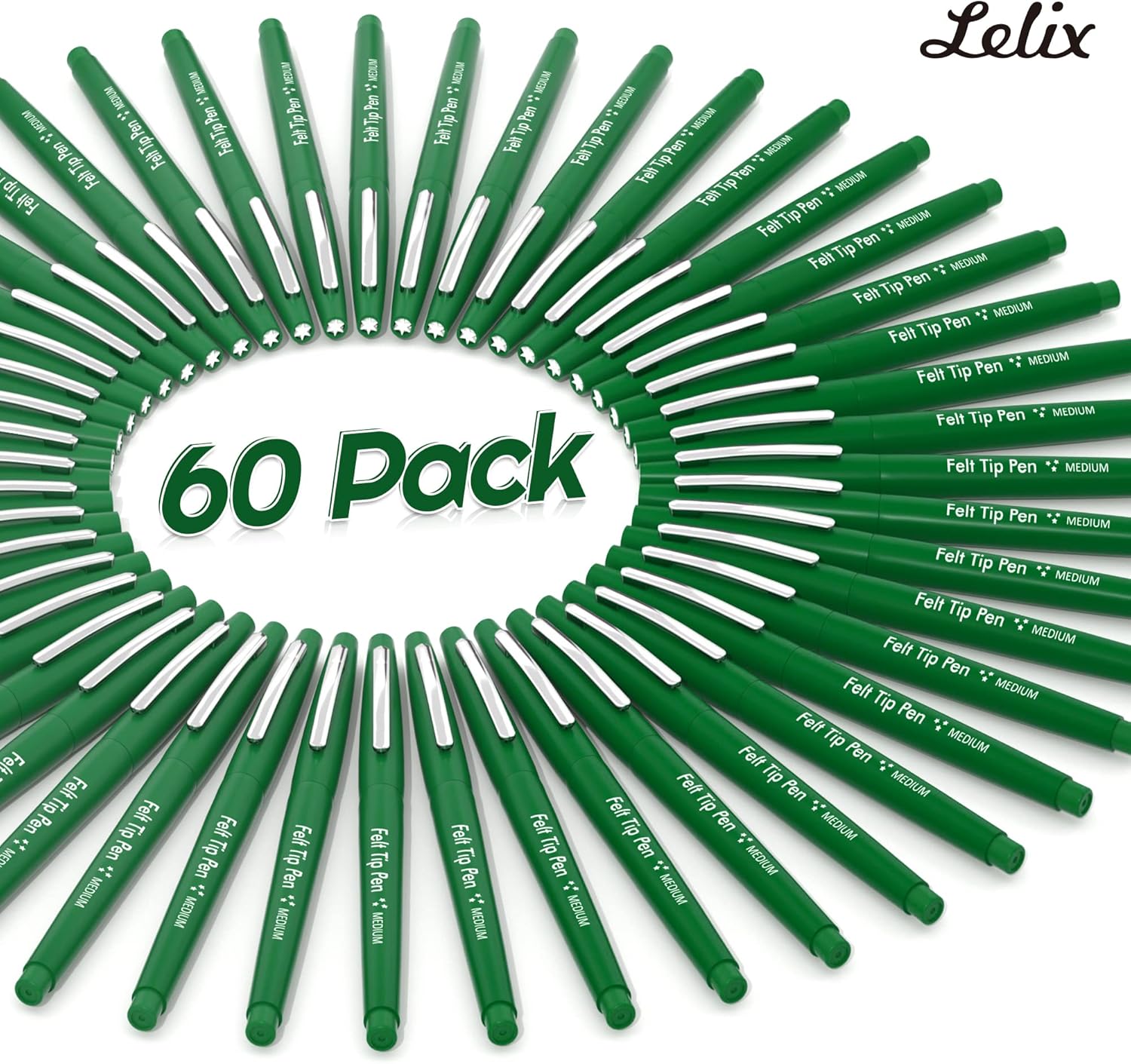 Lelix Felt Tip Pens, 60 Green Pack, 0.7mm Medium Point, Felt Tip Markers Pens for Journaling, Writing, Note Taking, Planner, Perfect for School Office and Art Supplies