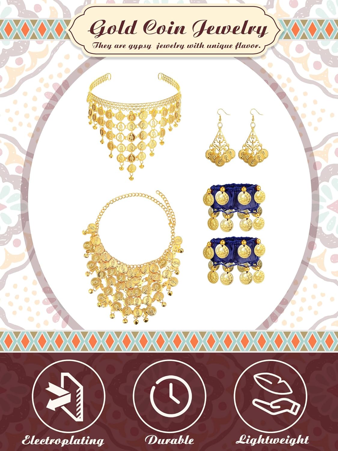 Gypsy Costume Women Belly Dancer Jewelry Hip Scarf with Coin, Gypsy Headpiece Gold Necklace Earrings Bracelets