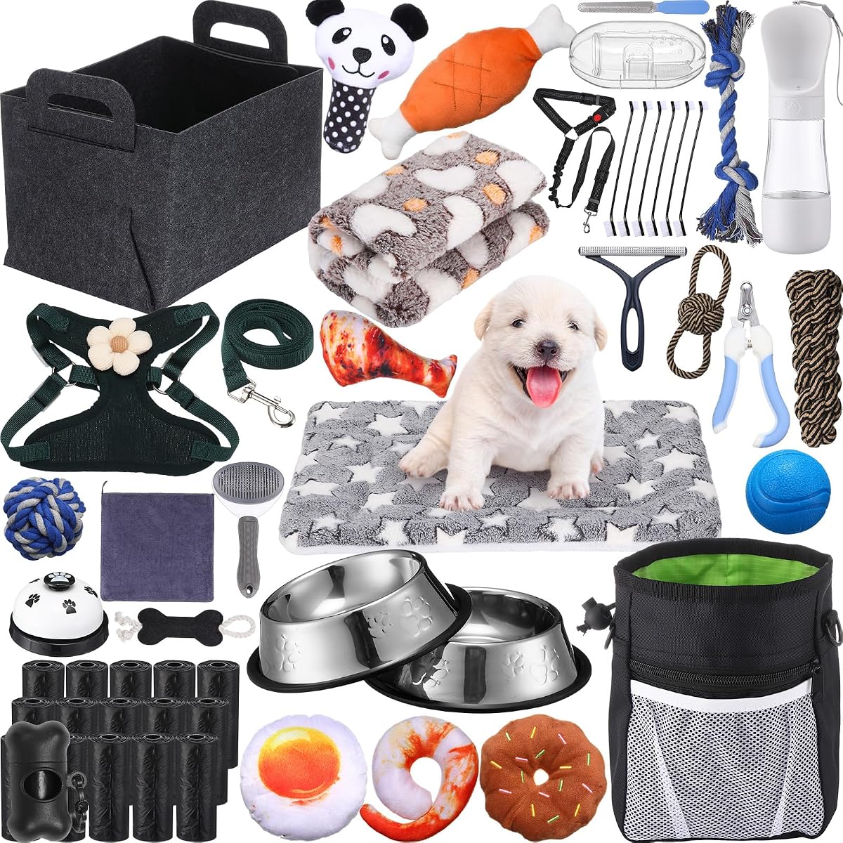 Abbylike 50 Pcs Puppy Supplies Starter Kit for Small Dogs Puppy Essentials Includes Leash, Bowls, Teeth Brushes, Water Bottle, and More Accessories for Dogs Pet Day Welcome Gift(Black)