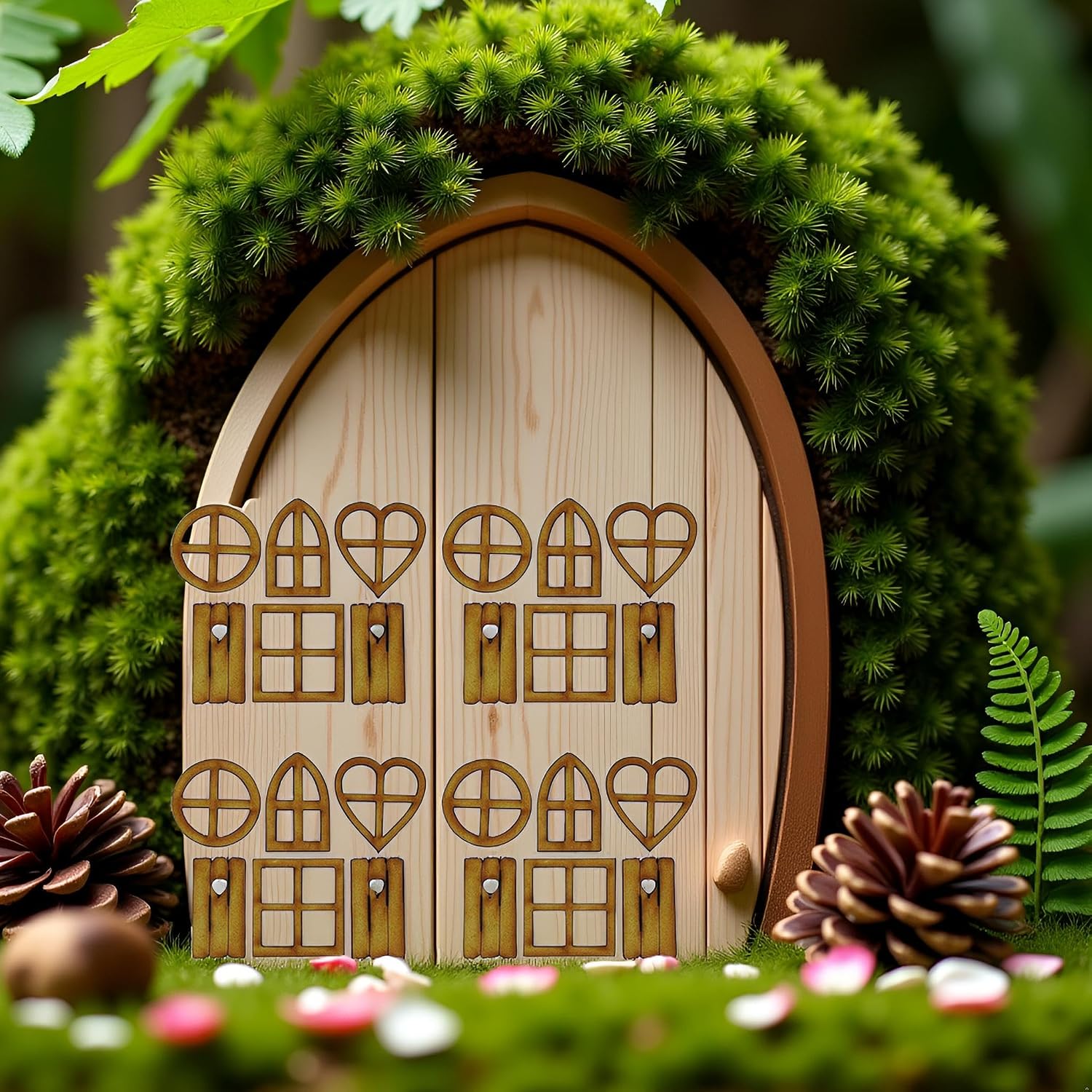 Jinshining 4 Pcs Wooden Fairy Garden Door and Windows Ornaments Tree Statues for Tree Trunk Yard Decoration Miniature Garden Buildings