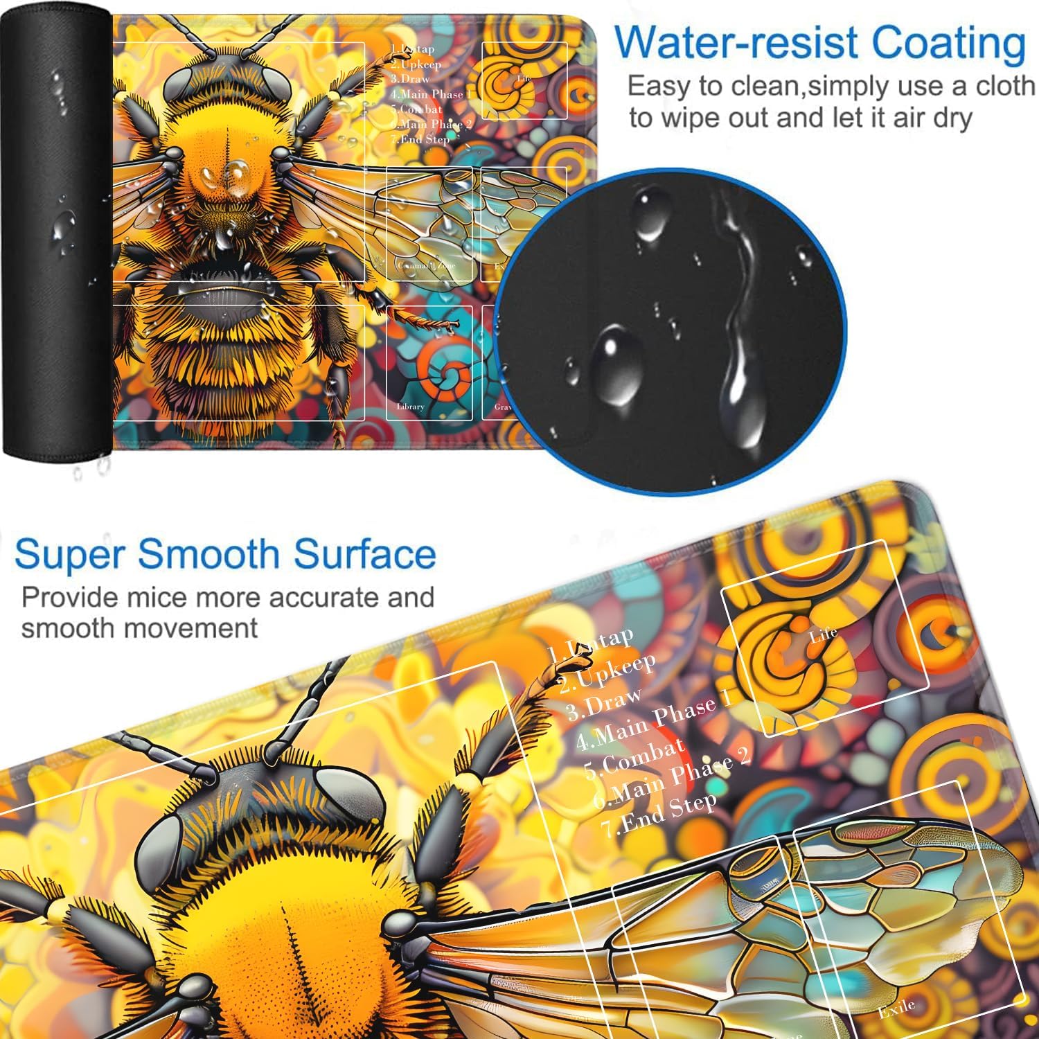 JVGFYNKL for TCG Playmat with Zones, 24x14 in Non-Slip Rubber for MTG Playmat with Drawstring Travel Pouch and 6 Dice, for MTG Mat, Psychedelic Bee Pattern Card Game Playmats