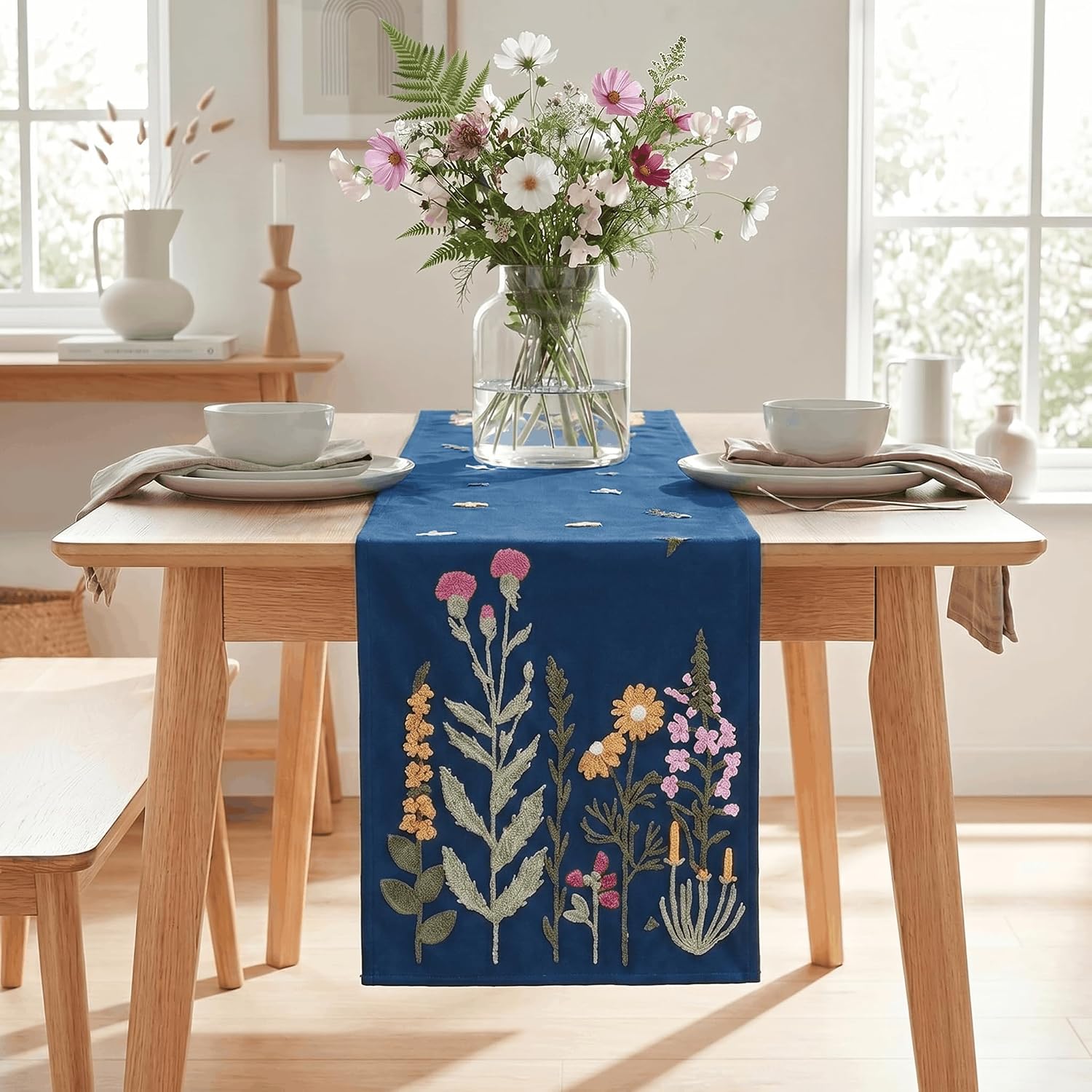 Artoid Mode Dark Blue Soft Chain Embroidery Wild Floral Spring Table Runner, Seasonal Winter Kitchen Dining Table Decoration for Home Party Decor 13x72 Inch