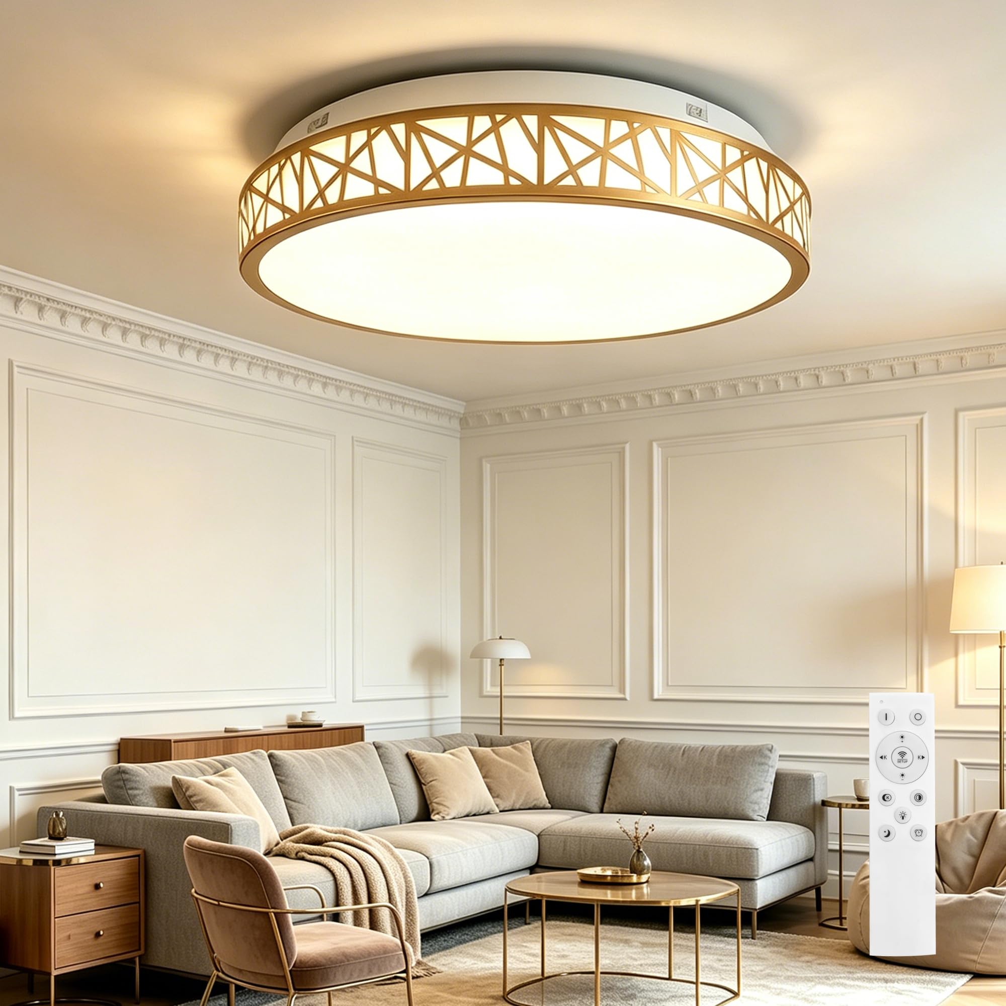 Horevo LED Ceiling Light with Remote Control, 35cm Luxurious Gold Round Fixture with Interlacing Metal Frame, Dimmable Ceiling Lamp 3000K-6500K, Acrylic Shade Lamp for Living Room Bedroom Office