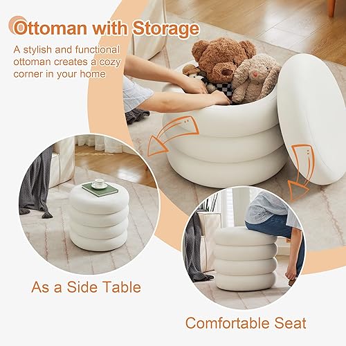 Miniatura 18 de ONEVOG Otomana redonda de almacenamiento, mesa otomana pequeña de 20 pulgadas con tapa extraíble, taburetes de tela de lino suave para sofá, asiento