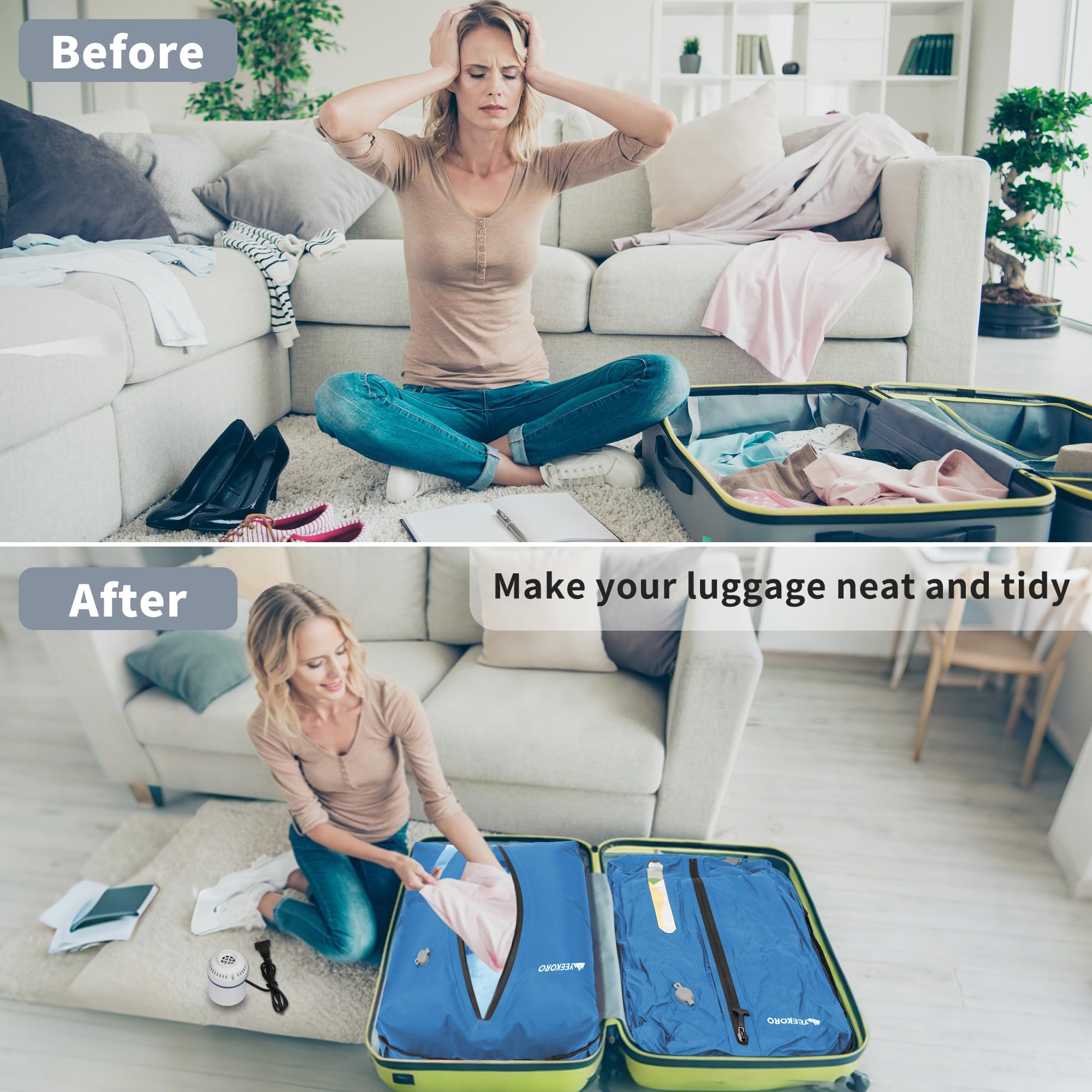 Vakuumbeutel für Reisen, professionelle IPX8 wasserdichte wiederverwendbare Vakuum-Kompressionsbeutel für Reisekoffer, langlebig, platzsparende Tasche (2 Stück, mit Pumpe)