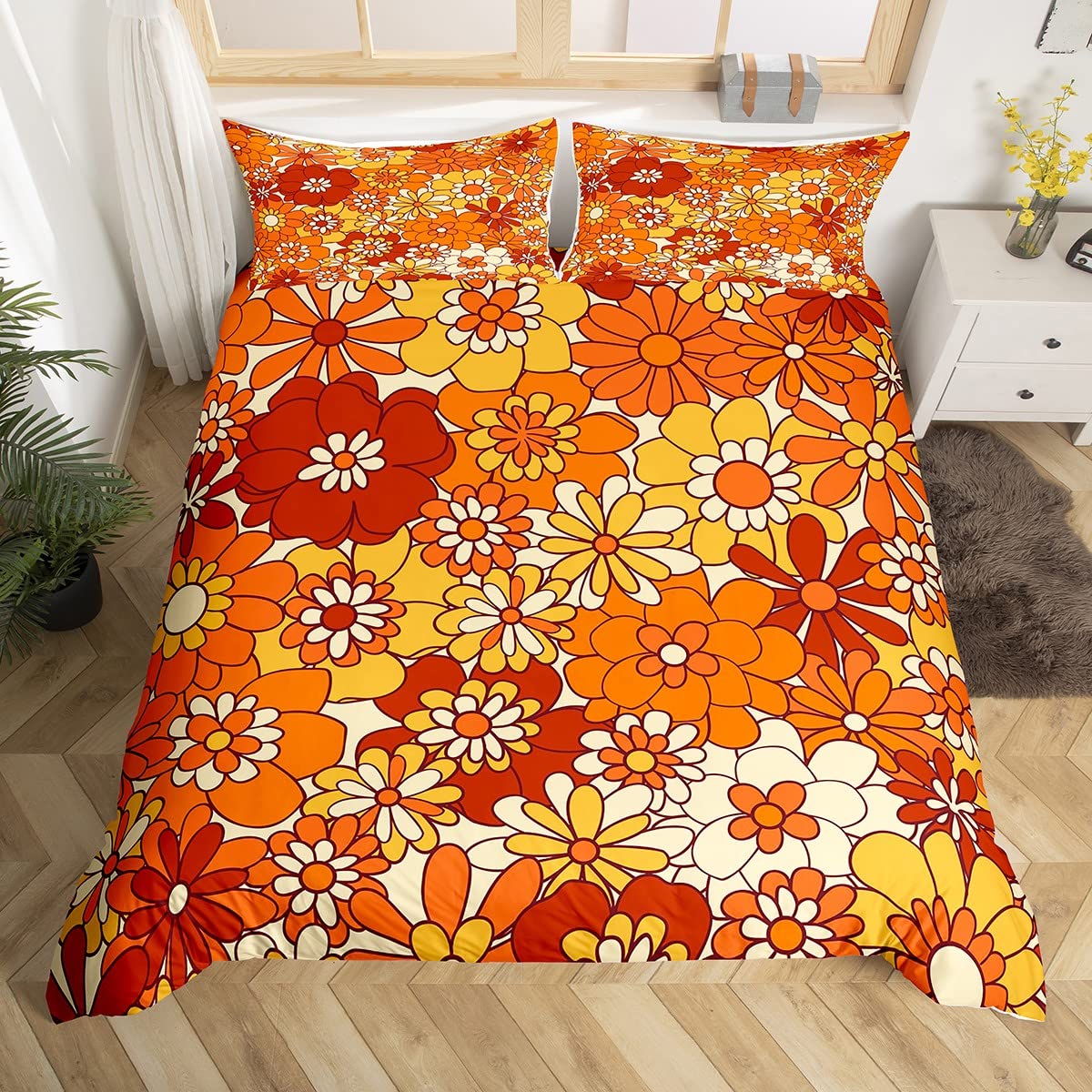 Boho Floral Bedding Set Super King Retro Groovy Flowers Duvet Cover 60S 70S Hippie Flower Power Comforter Cover For Girls Women Groovy Natural Garden Botanical Quilt Cover 2 Pillow Cases Orange Brown — image 1