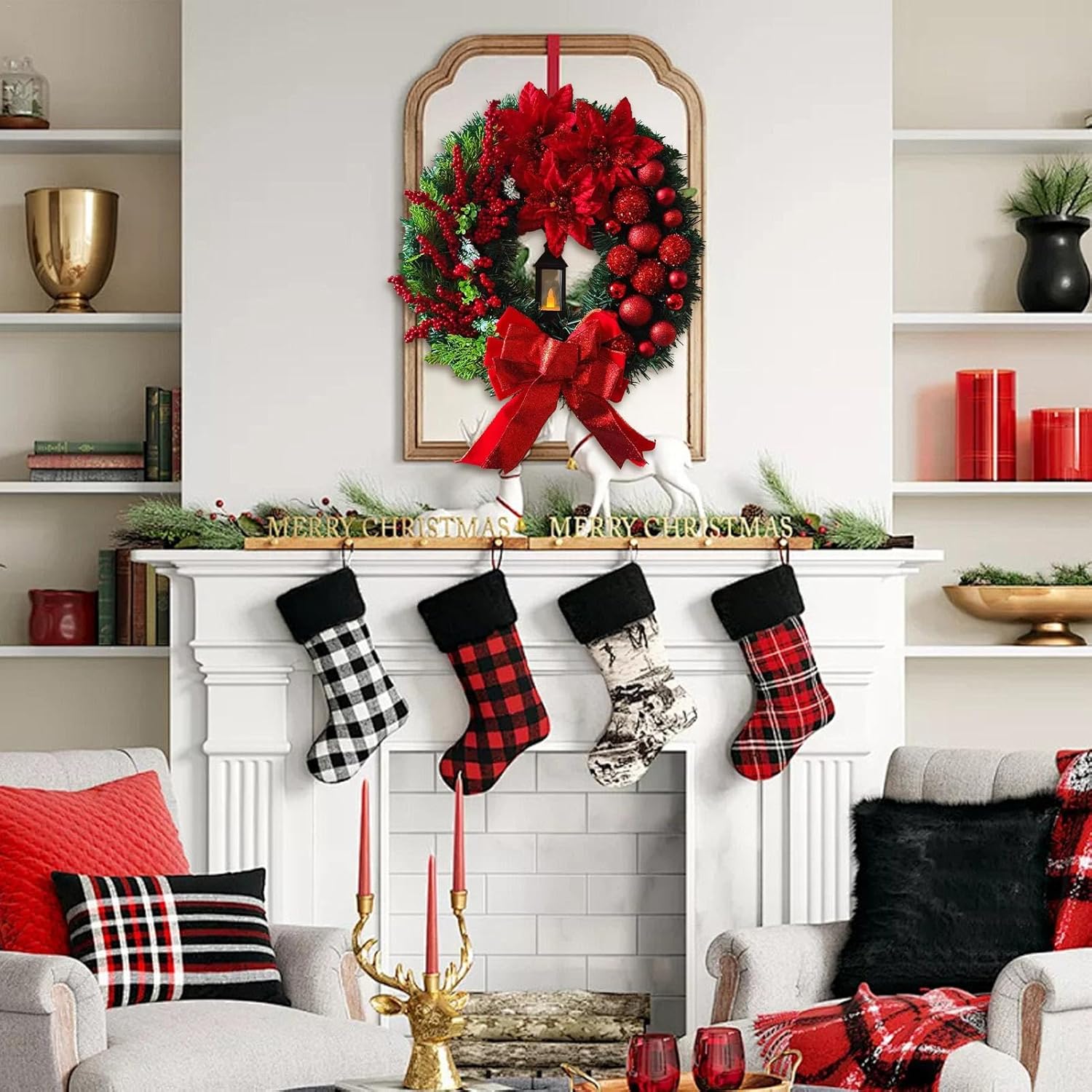 ライト付きクリスマスリース、冬のキリスト降誕シーンガーランド &ndash; 聖なる家族リース ライト付きキリスト降誕シーン 屋外ホームホリデー