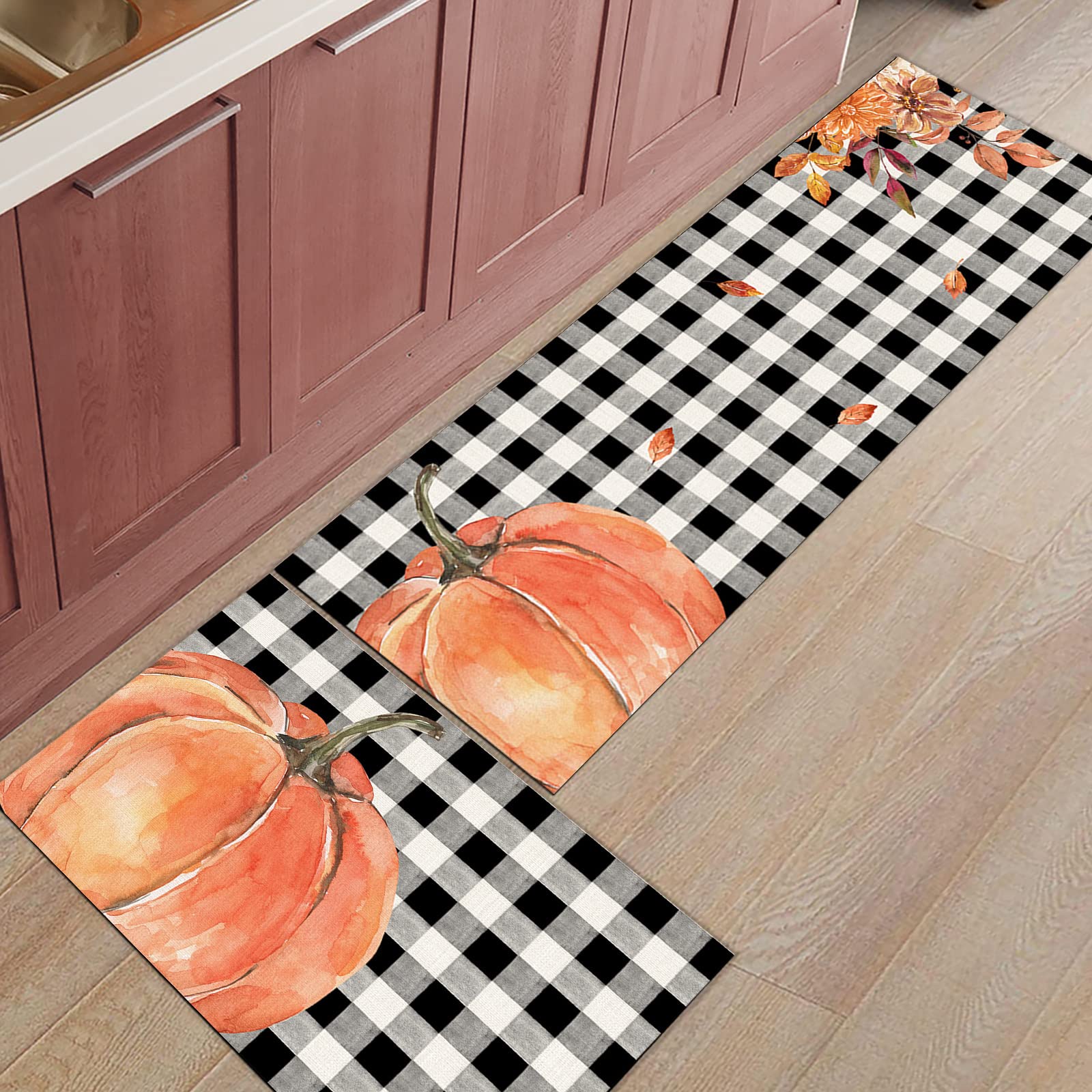 Fall Pumpkin Plaid 2Pcs Kitchen Rugs Anti Fatigue Kitchen Mat Non Slip Rug Runner Comfort Standing Floor Mats Kitchen Carpet Set for Sink Laundry - Thanksgiving Watercolor Pumpkin Black Buffalo Plaid