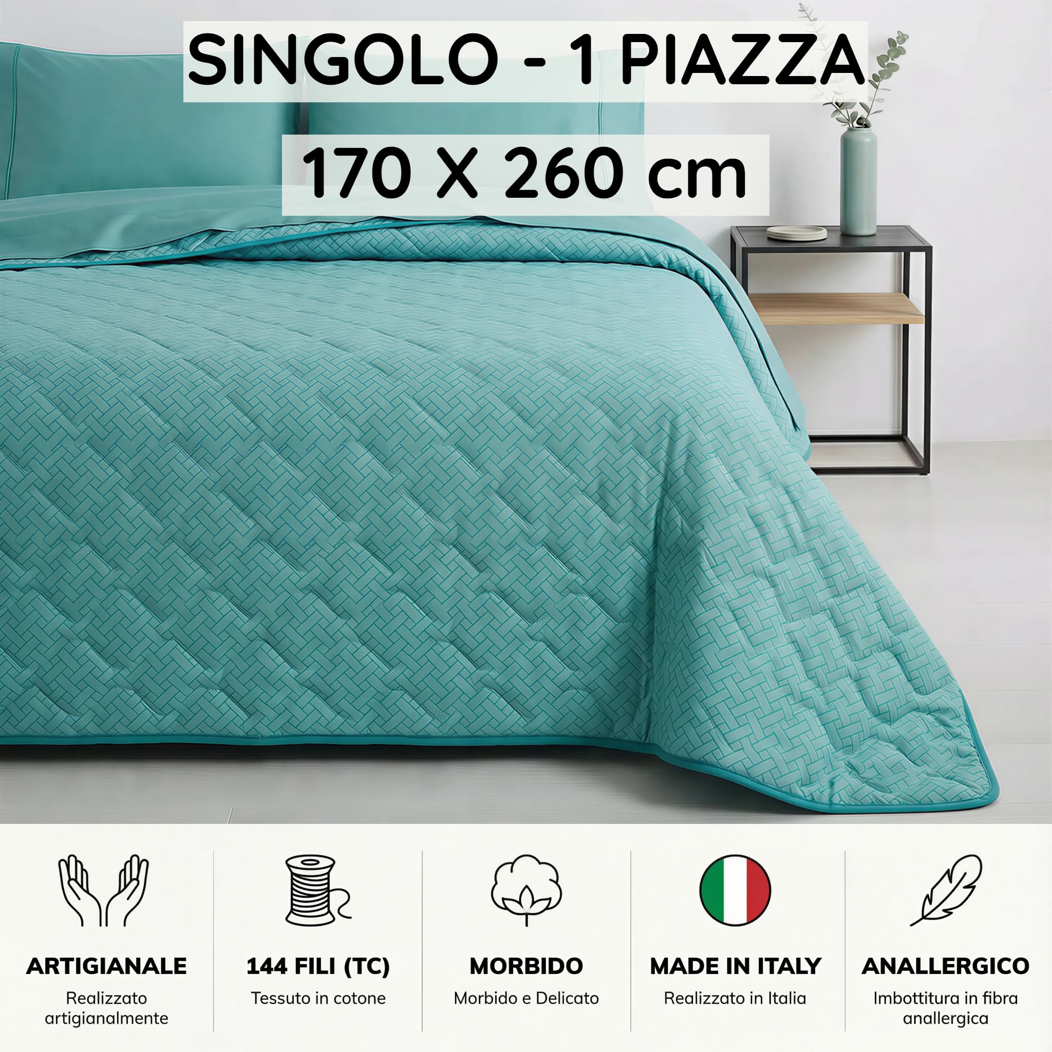 Mahome Colcha individual para primavera y verano, 100% puro algodón, 170 x 260 cm, ligera, reversible – Colcha acolchada suave transpirable hipoalergénica – Fabricado en Italia – Simme Tiffani