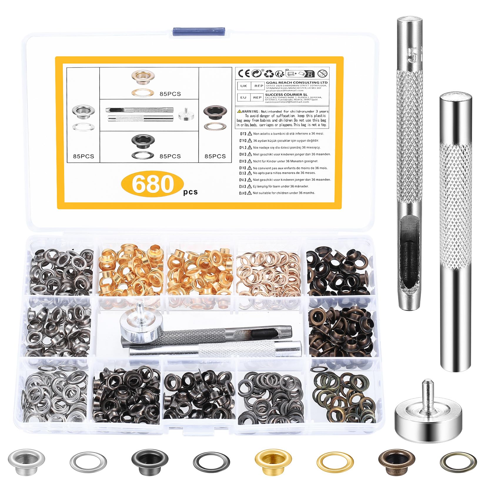 Ojales Metalicos, 680 Set 5mm Ojales para Lonas, Kit de Ojetes Metalicos Acero Inox, Alicates Ojales para Tela, Cuero, Cortinas, Zapatos, Manualidades con 3 Kit de Herramientas para Ojales de Metal