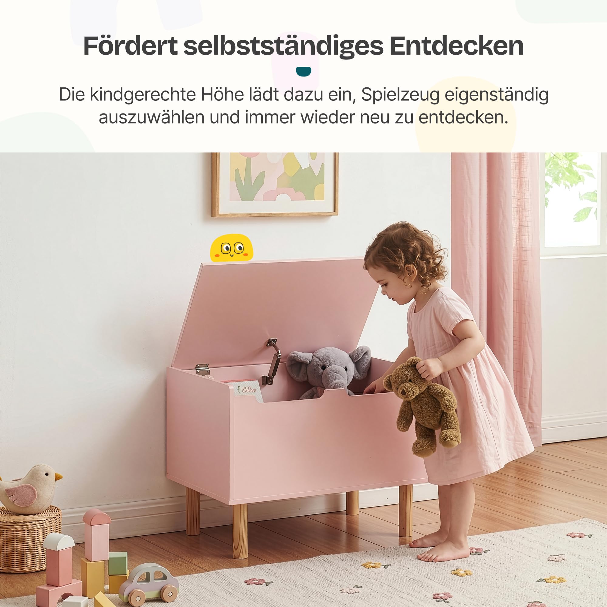 [en.casa] Spielzeugkiste mit Deckel Virer Kuscheltier Aufbewahrung Kinderzimmer Truhe Spielzeugbox 60 x 40 x 45 cm Aufbewahrungsbox Holzbeine Rosa