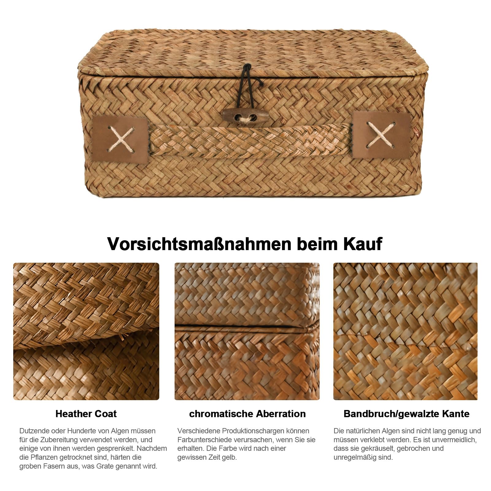 Handgewebter Seegraskorb Mit Deckel – Rechteckiger Aufbewahrungskorb, Natürlich, Klein (23x13x9 Cm)