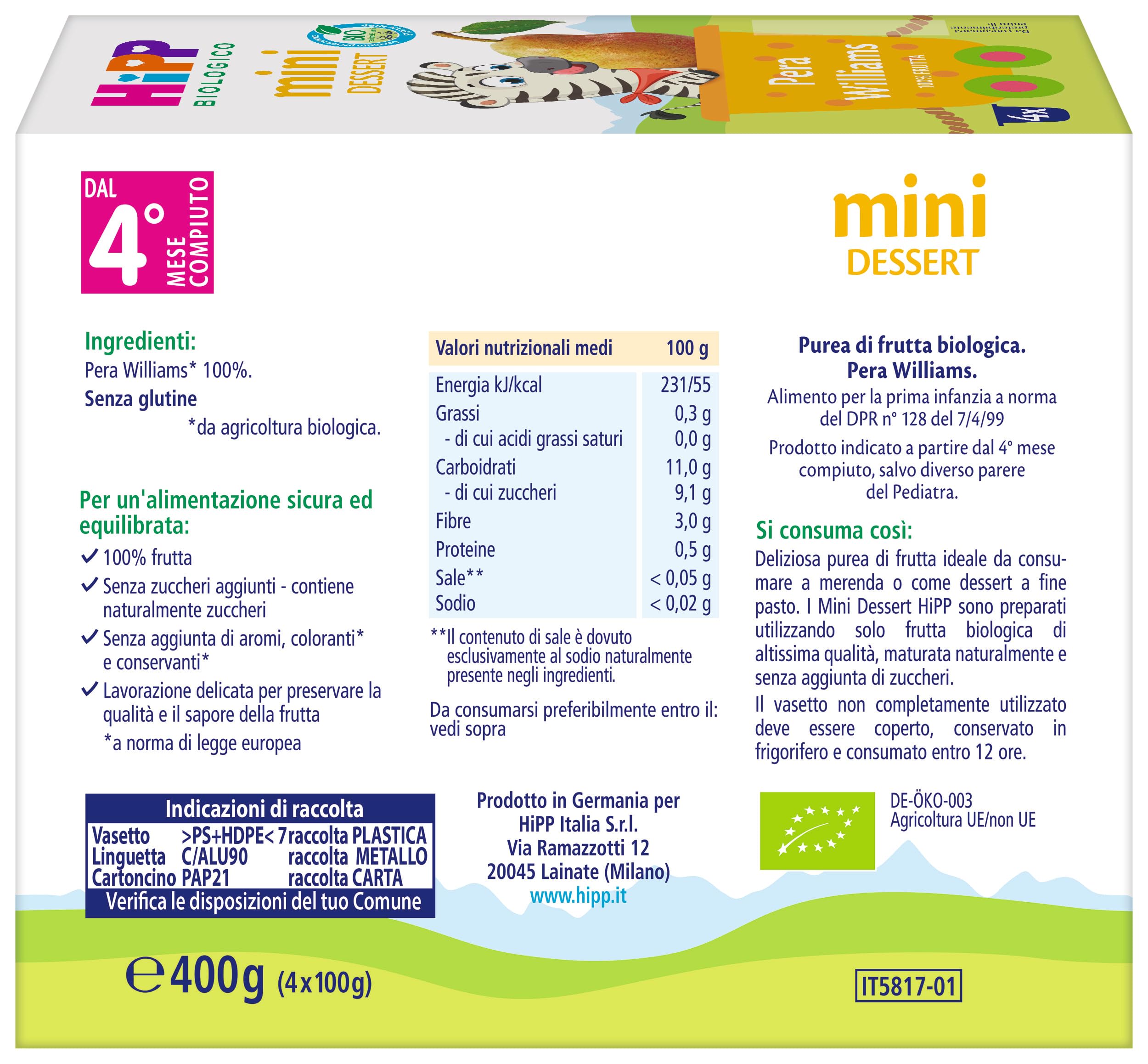 HiPP - Nuovi Mini Dessert, Frutta Grattugiata Bio, Gusto Pera Williams, Confezione Da 24 Vasetti Da 100 G, 2700 Grammo