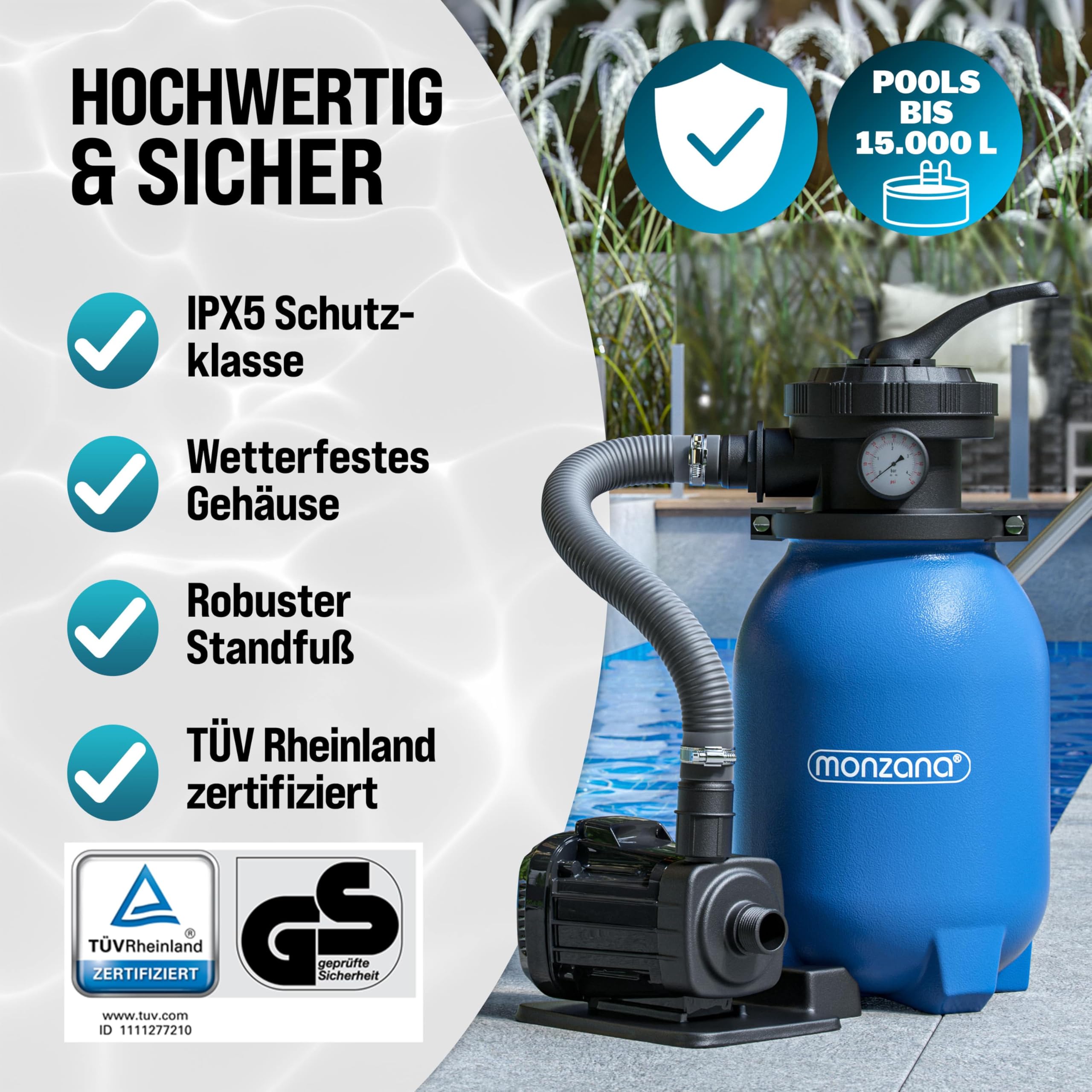 MONZANA® Sandfilteranlage MZPF180 5000 l/h bis 15.000L Pool mit Filterbällen 7 Wege Ventil 2in1 Adapter Ø32-38mm 180W Filteranlage Pumpe Filterkessel