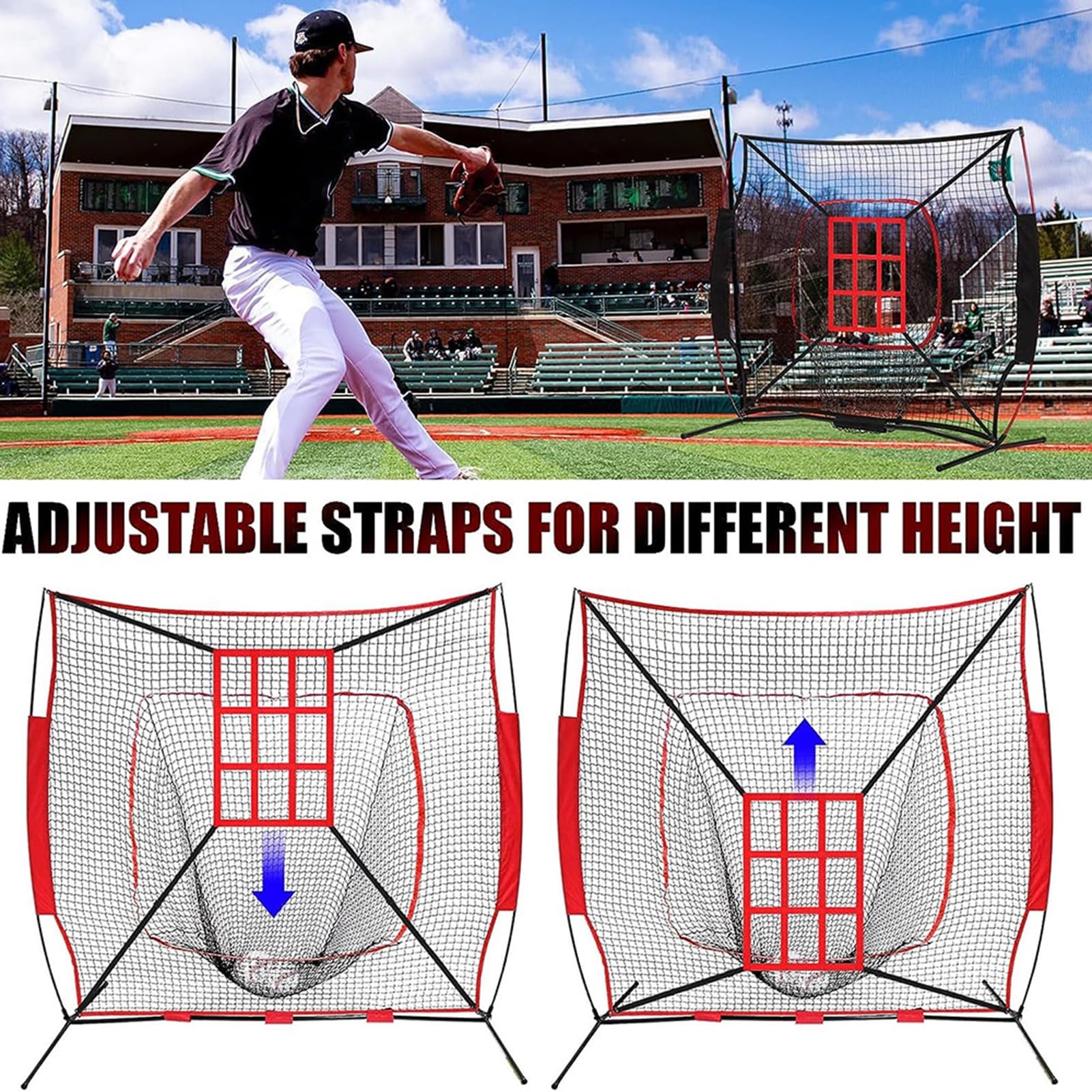 Worparsen Easy-Install Pitching Net Baseball Net Pitching Net Extra-Large Portable Hitting Net for Batting Practice Sports Accessories Red
