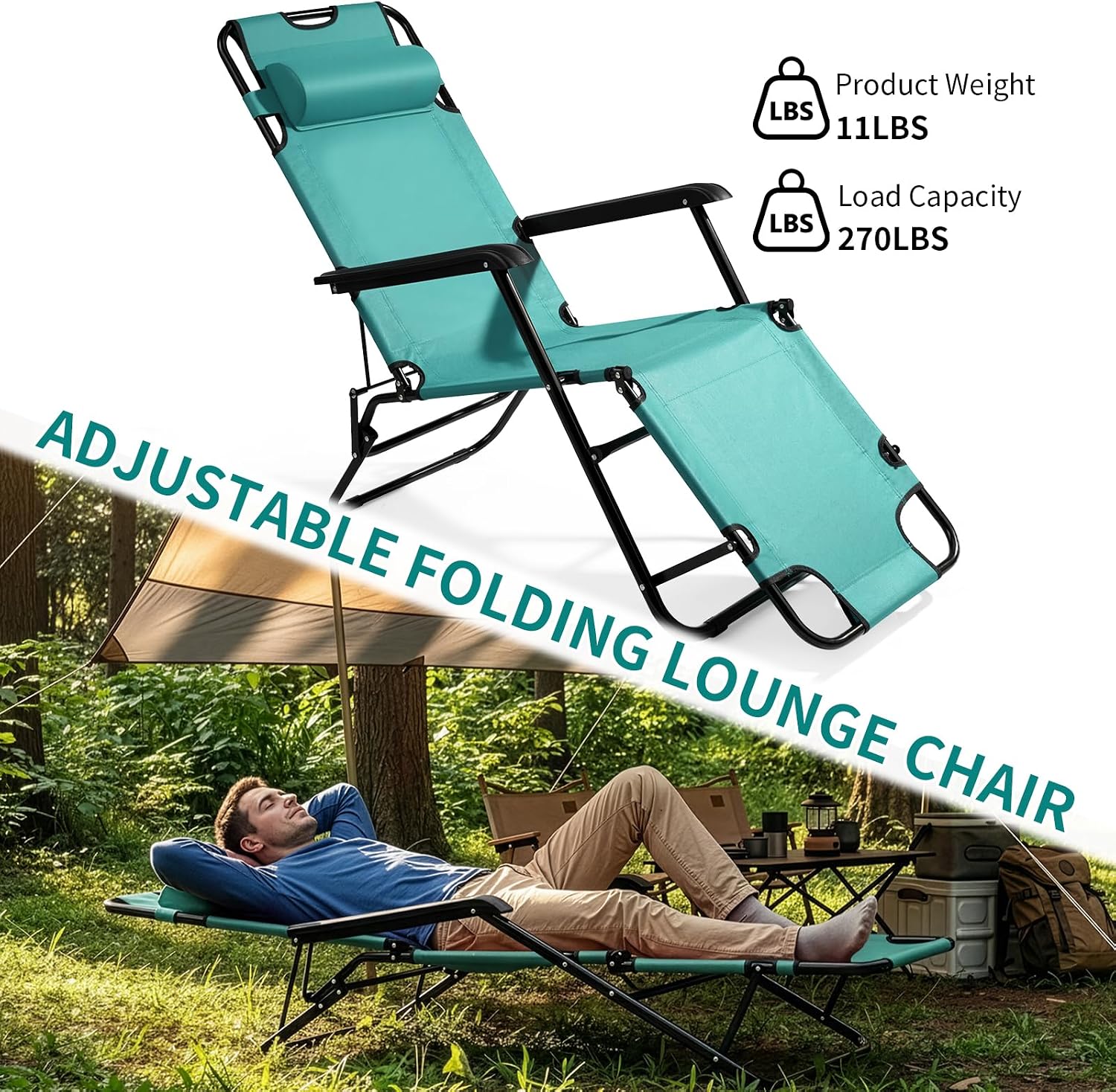 Vasitelan Outdoor Patio Foldable Lounge Chair with Pillow, Folding Reclining Lounge Chair for Outside,Patio, Balcony, Backyard, or Porch (Green)