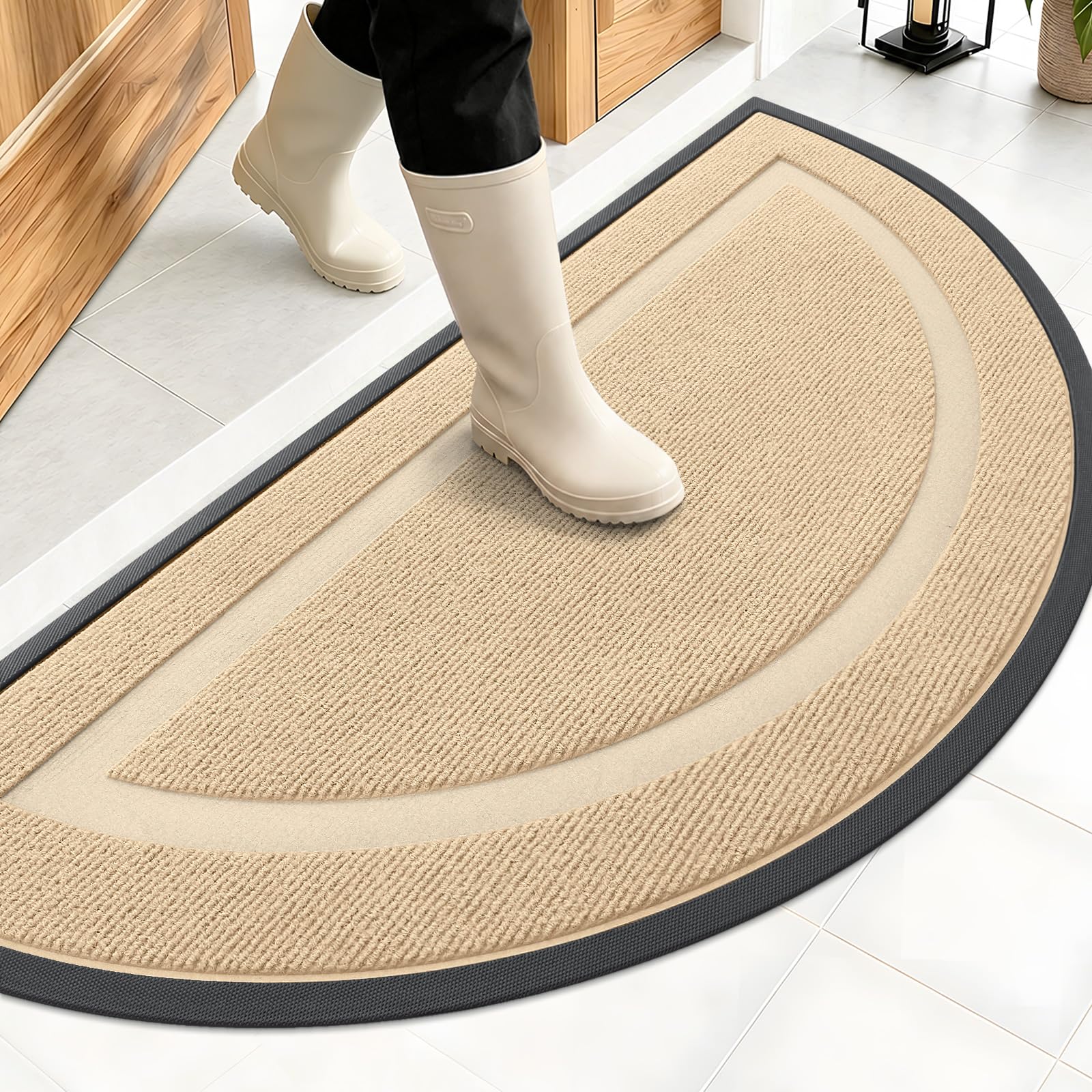 OLANLY Half Circle Front Door Mat Outside 47x23 All-Season Rubber Doormat | Beige, Absorbent, Heavy-Duty, Stain and Fade Resistant, Waterproof Non-Slip Backing, Low-Profile Indoor Outdoor Entryway Mat