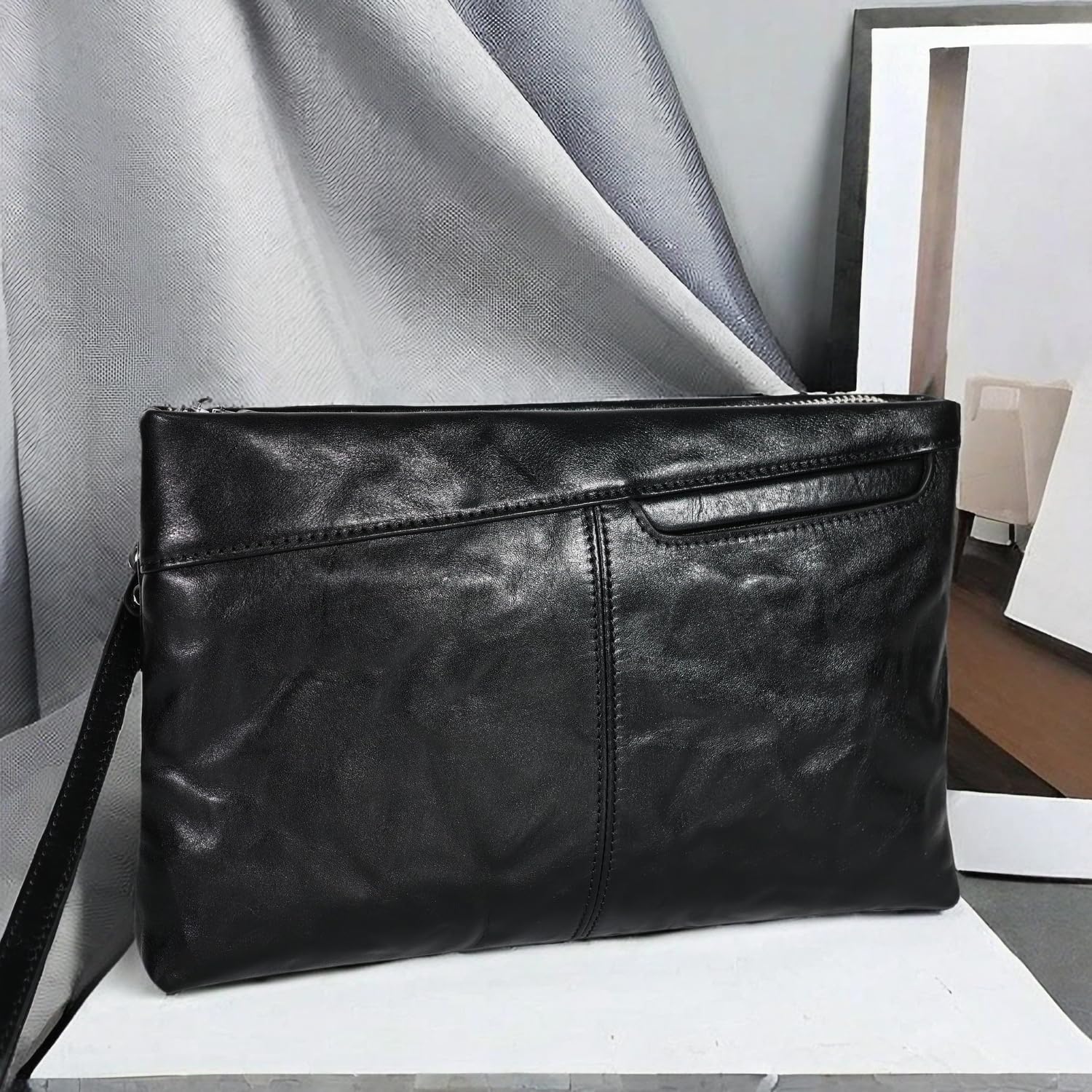 Pochette in vera pelle per uomo borsa da polso borsa da lavoro grande borsa a busta, nero, Large, Classico, casual, quotidiano, affari