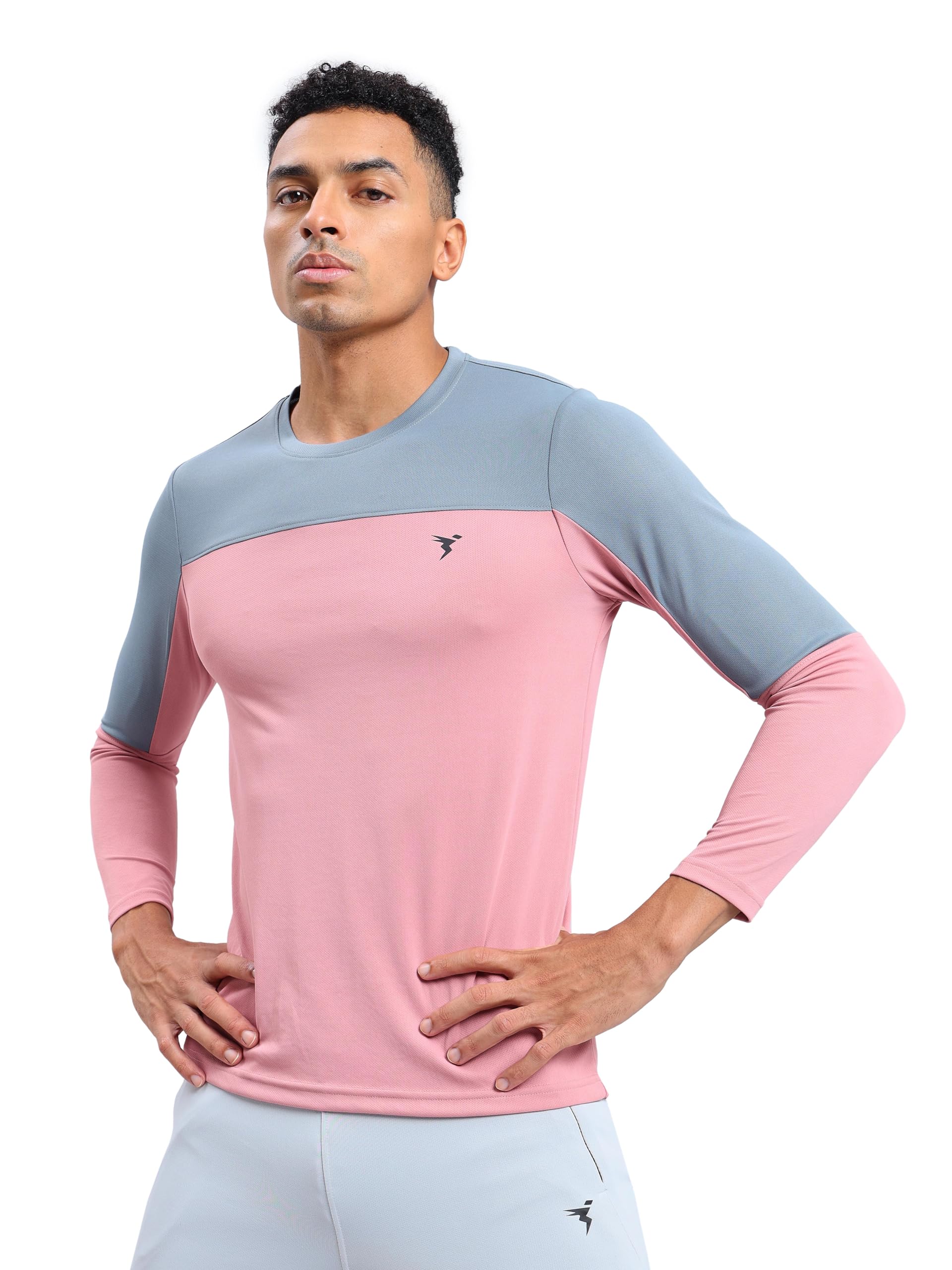 TECHNOSPORT Men Colorblock Slim Fit Round Neck T-Shirt with TECHNOCOOL+ (Light Blue) Gym Tee Dry Fit T Shirt for Men Sports Top for Him