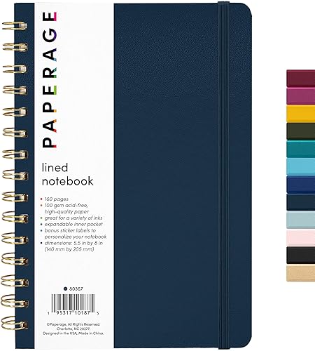 PAPERAGE Cuaderno de diario en espiral rayado, azul marino, 160 páginas, mediano de 5.7 x 8 pulgadas, papel grueso de 3.53 ozm, tapa dura, diario y