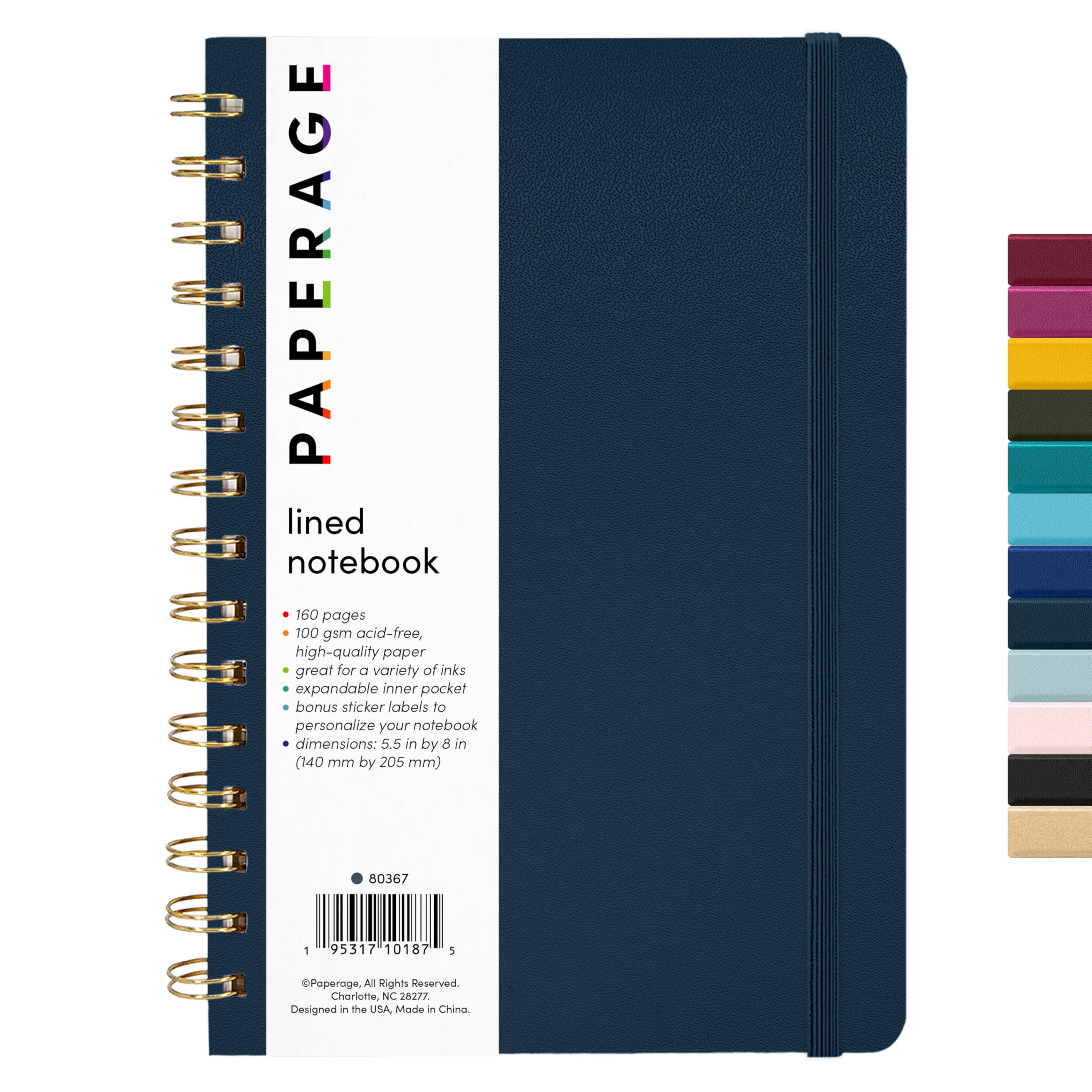 PAPERAGE Lined Spiral Journal Notebook, (Navy), 160 Pages, Hardcover Journal for Women & Men, Medium 5.5 in x 8 in - 100 GSM, Thick Paper, Spiral Notebook for Work, School & Journaling
