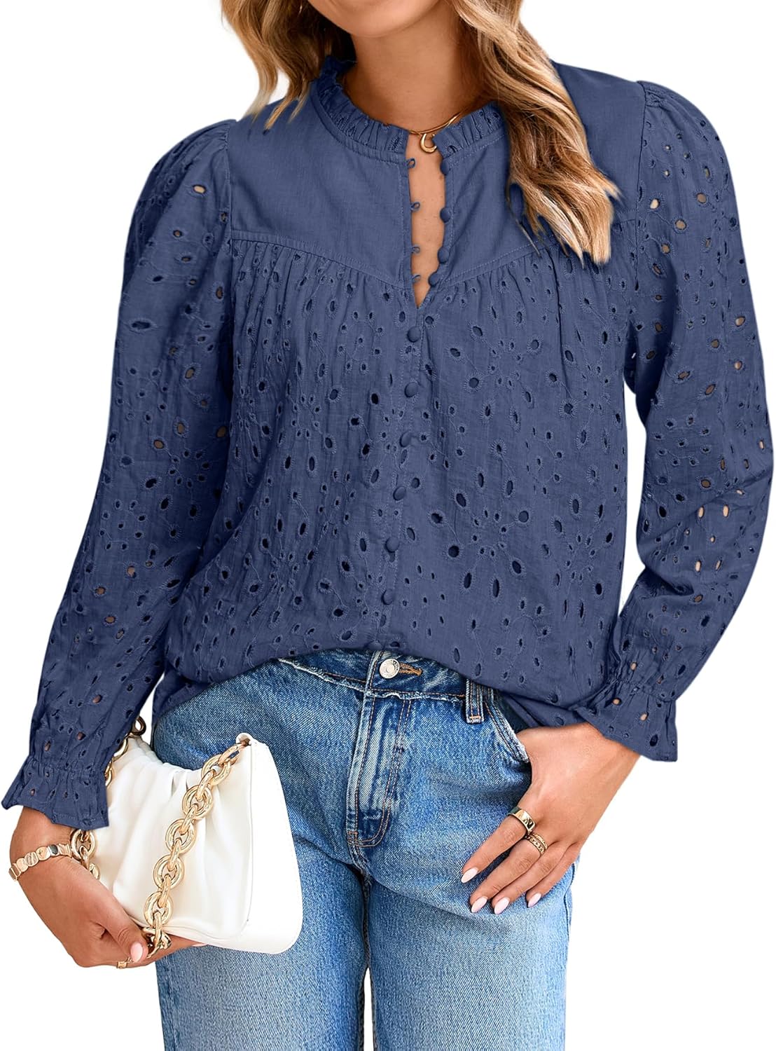 Simplee Womens Casual Tops Blouse 2025 Eyelet Embroidered Puff Long Sleeve Fall Top Dressy Lace Button Shirts
