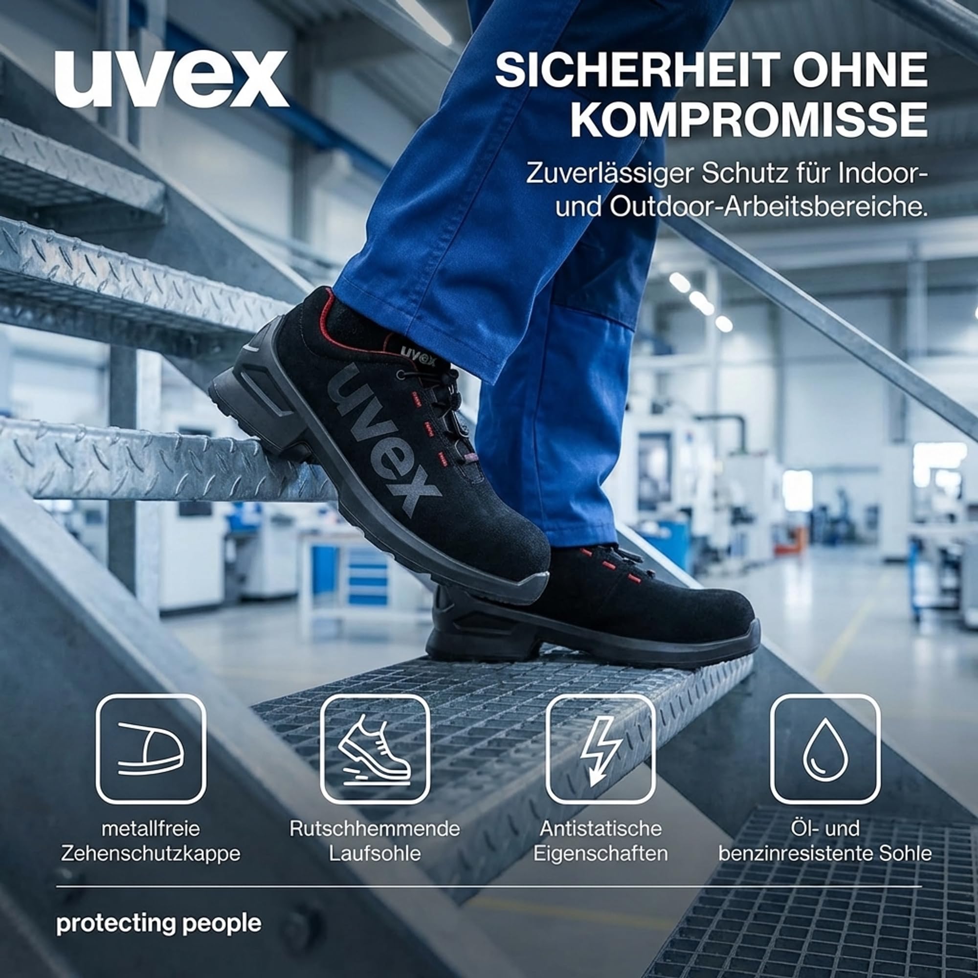 Uvex 1 Duo Halbschuh S2 - Sicherheitsschuh für leichte Bereiche - sportlich, leicht & flexibel - schwarz, rot - Größe 42