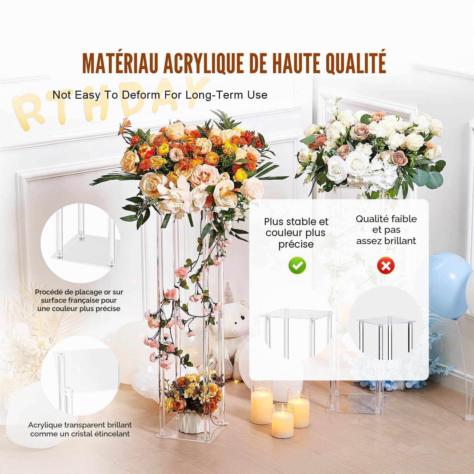 VEVOR 2PCS Support de Fleurs de Mariage 80 cm Porte-fleurs Centre de Table Mariage Stratifié Acrylique Vase Géométrique Présentoir Floral pour Réception d'Événements, Décoration de Fête à la Maison