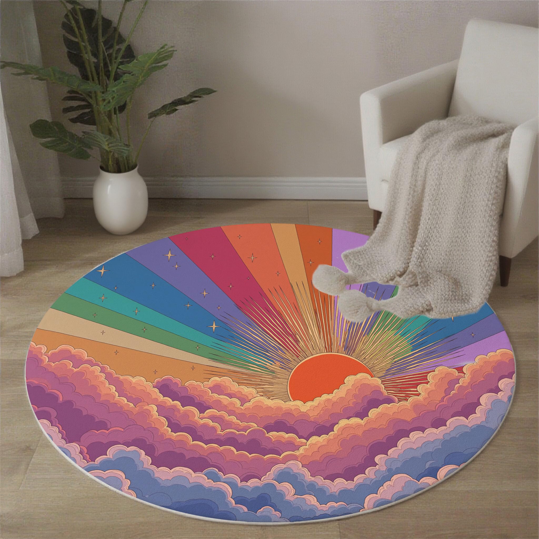 Tapis rond arc-en-ciel bleu orangé pour réveiller la déco du salon