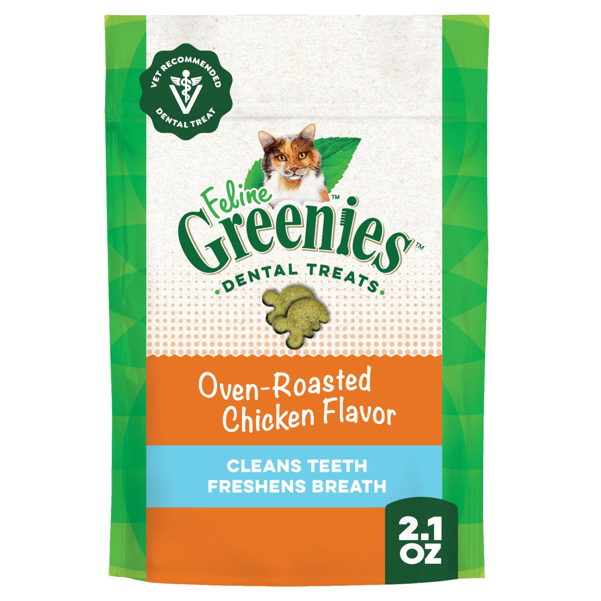 Greenies Feline Veterinarian-Recommended Adult Natural Dental Cat Treats, Oven Roasted Chicken Flavor, 2.1 oz. Pouch